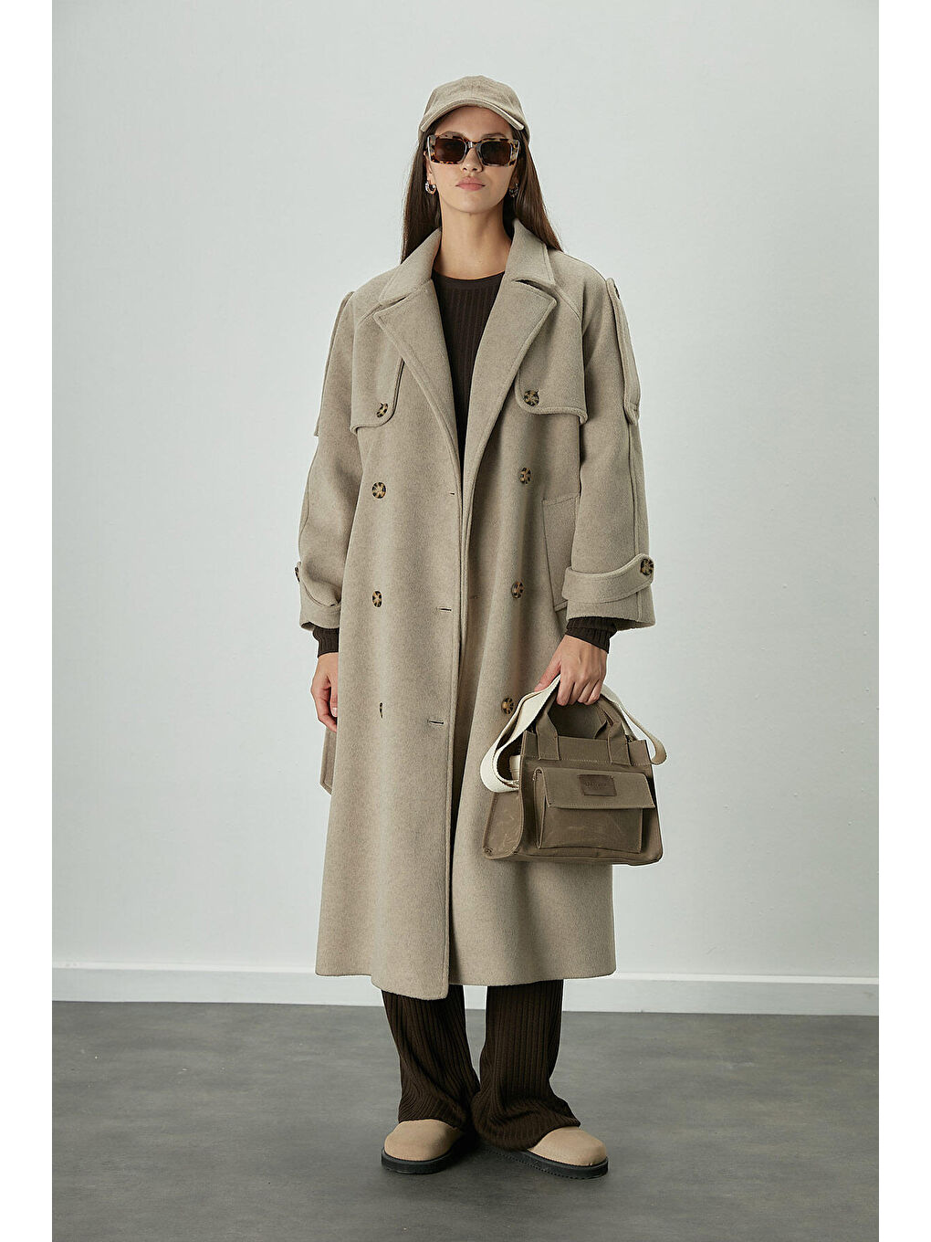 Bej Premium Kaşe Trenç Kaban Vizon-4