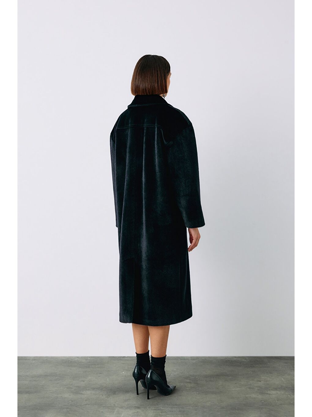 Düğmeli Kaşe Kaban - Siyah-6