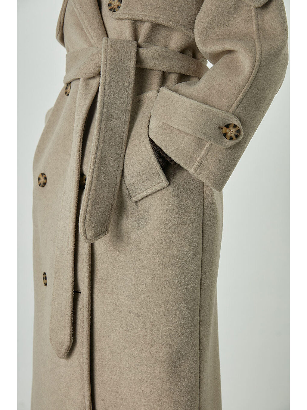 Bej Premium Kaşe Trenç Kaban Vizon-5