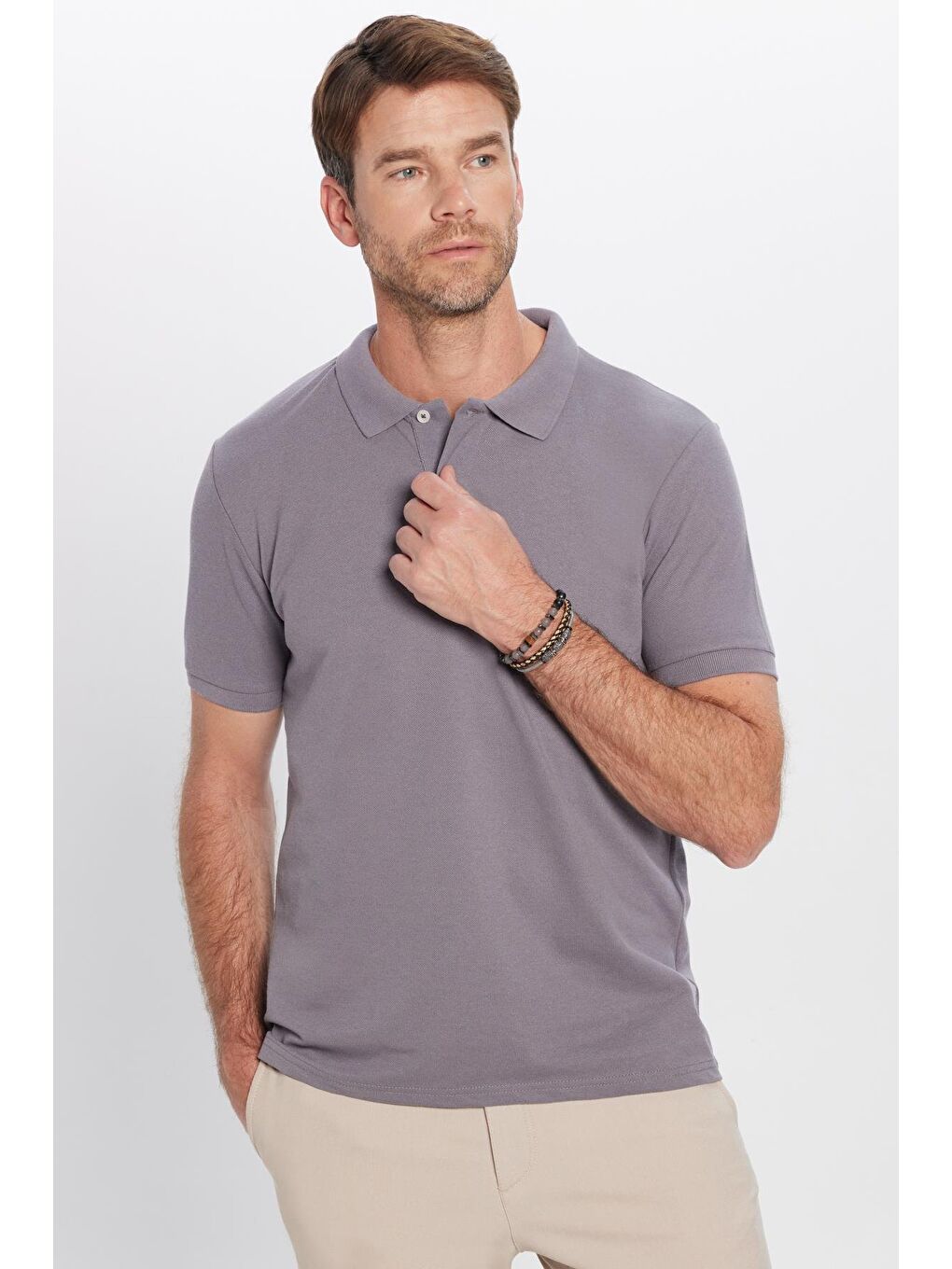 Erkek Slim Fit Dar Kesim Pamuklu Yumuşak Doku Nefes Alan Kumaş Kıvrılmaz Yaka Gri Polo Yaka Tişört-1