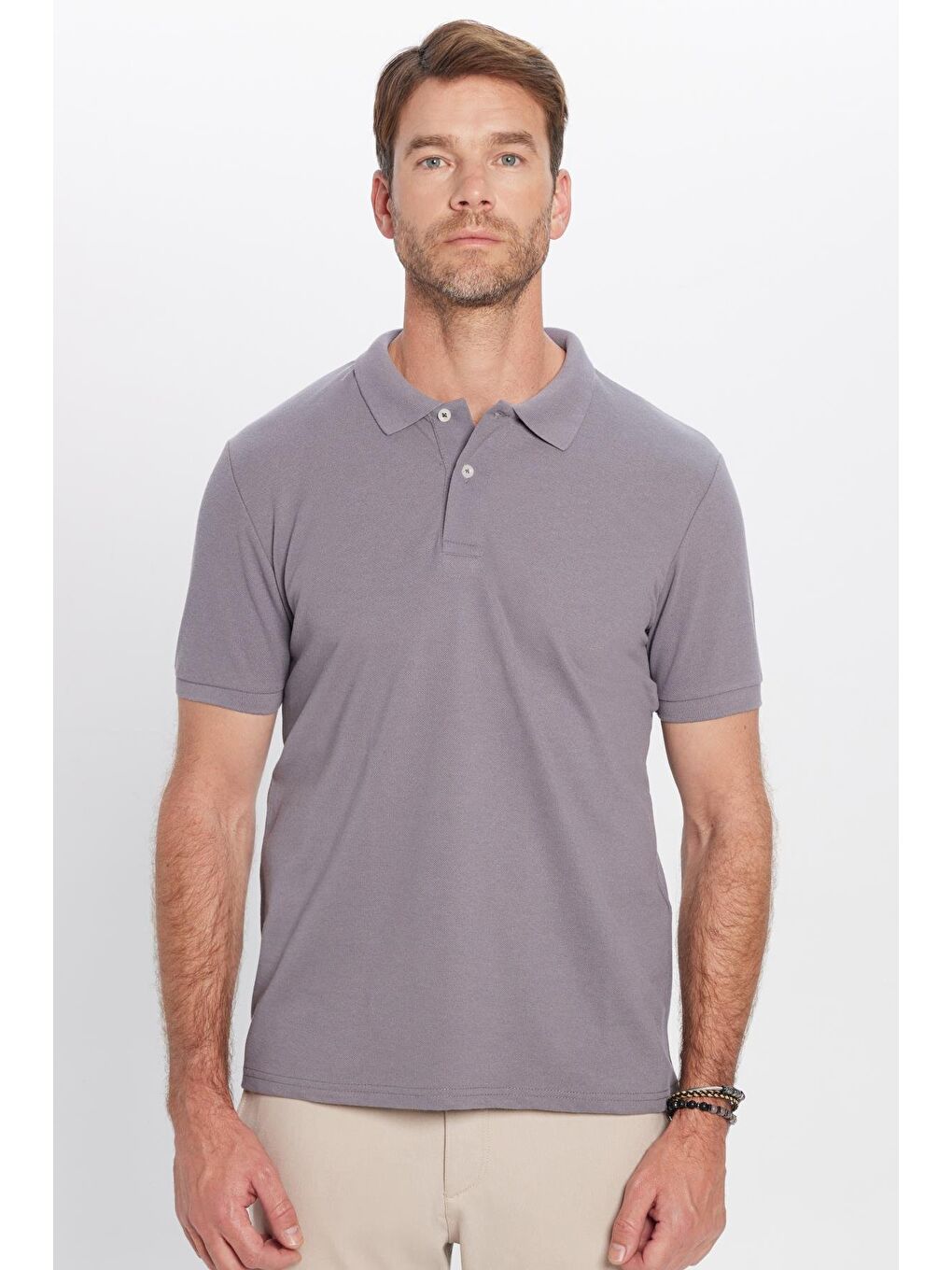 Erkek Slim Fit Dar Kesim Pamuklu Yumuşak Doku Nefes Alan Kumaş Kıvrılmaz Yaka Gri Polo Yaka Tişört-4