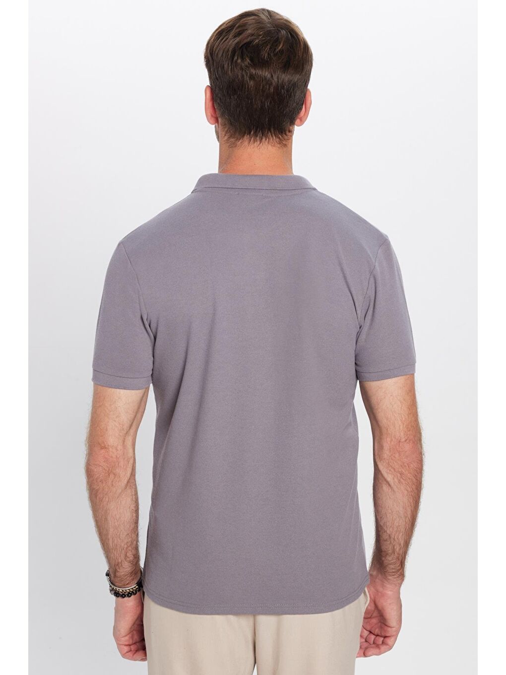 Erkek Slim Fit Dar Kesim Pamuklu Yumuşak Doku Nefes Alan Kumaş Kıvrılmaz Yaka Gri Polo Yaka Tişört-5