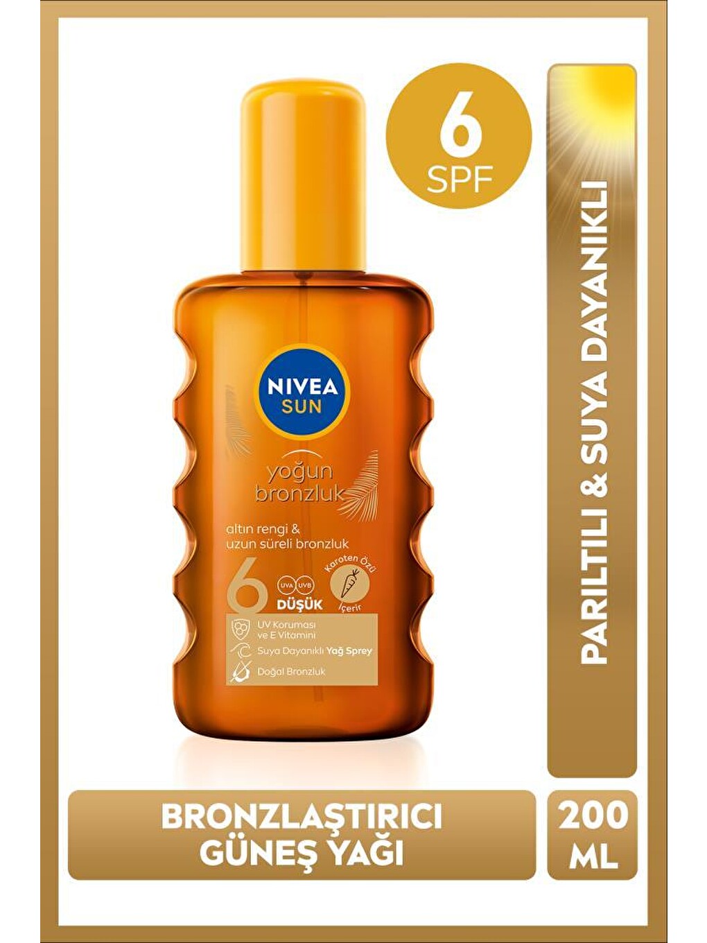 Sun Spf6 Bronzlaştırıcı Güneş Yağı 200 Ml,altın Rengi Ve Parıltılı,suya Dayanıklı,e Vitamini,karoten
