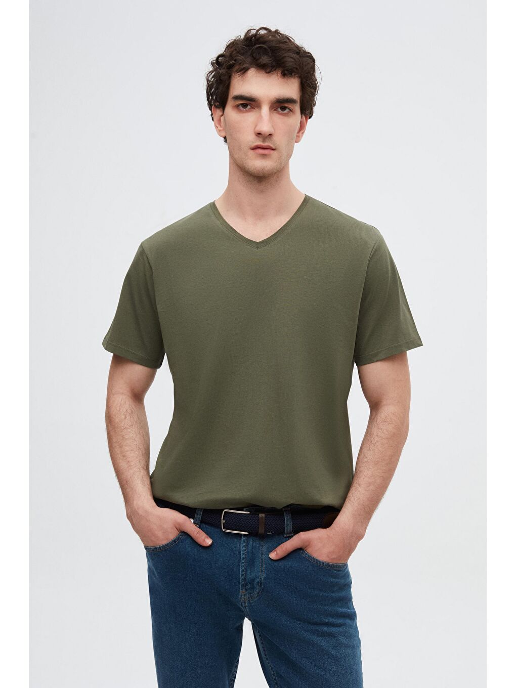 Slim Fit Haki V Yaka %100 Pamuk Tişört-1