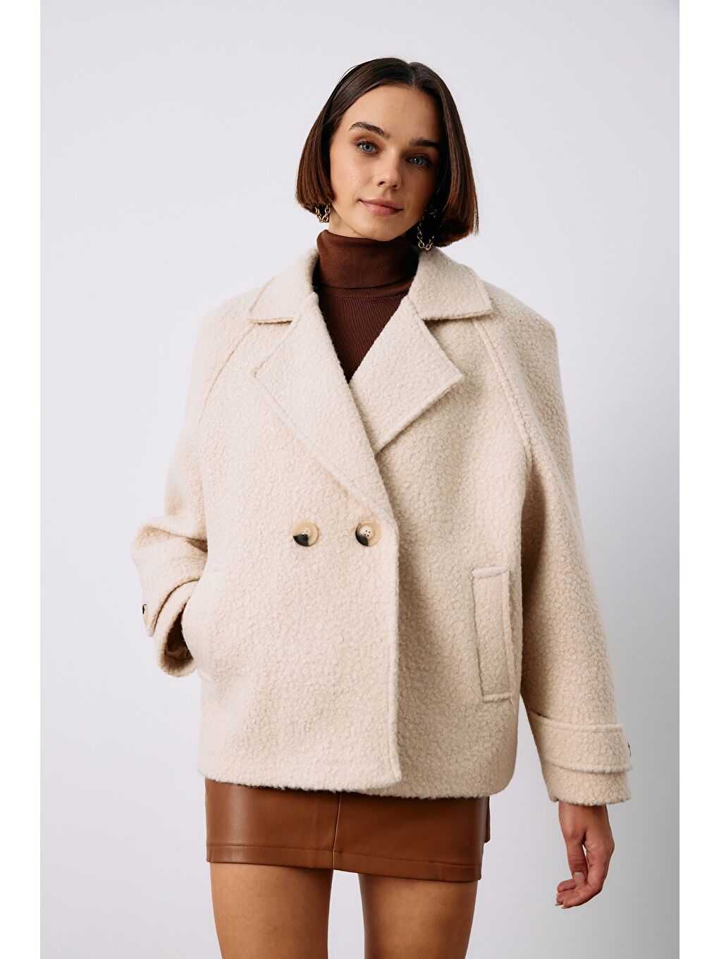 Bej Buklet Kısa Kaban - Taş-3