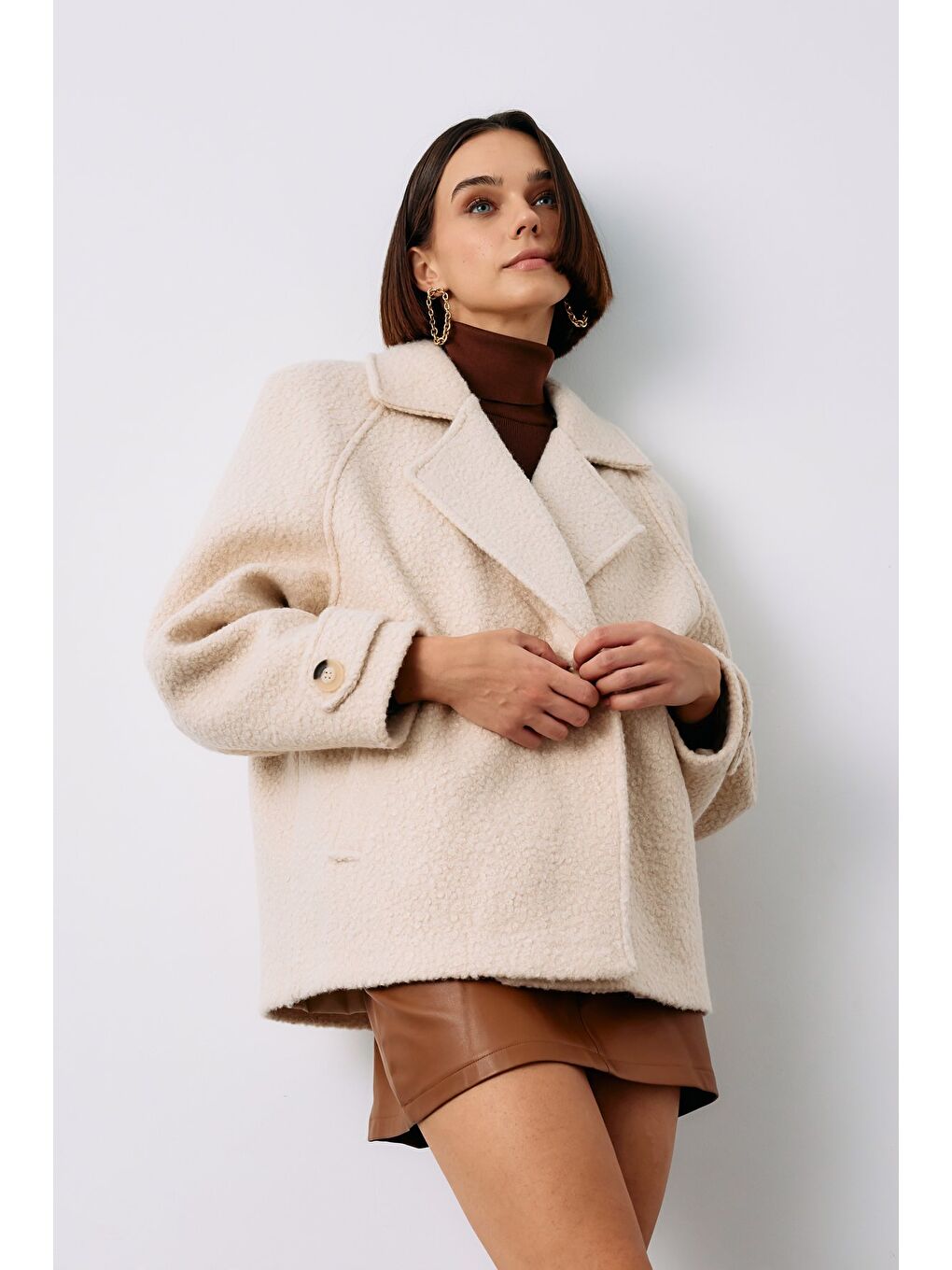 Bej Buklet Kısa Kaban - Taş-4