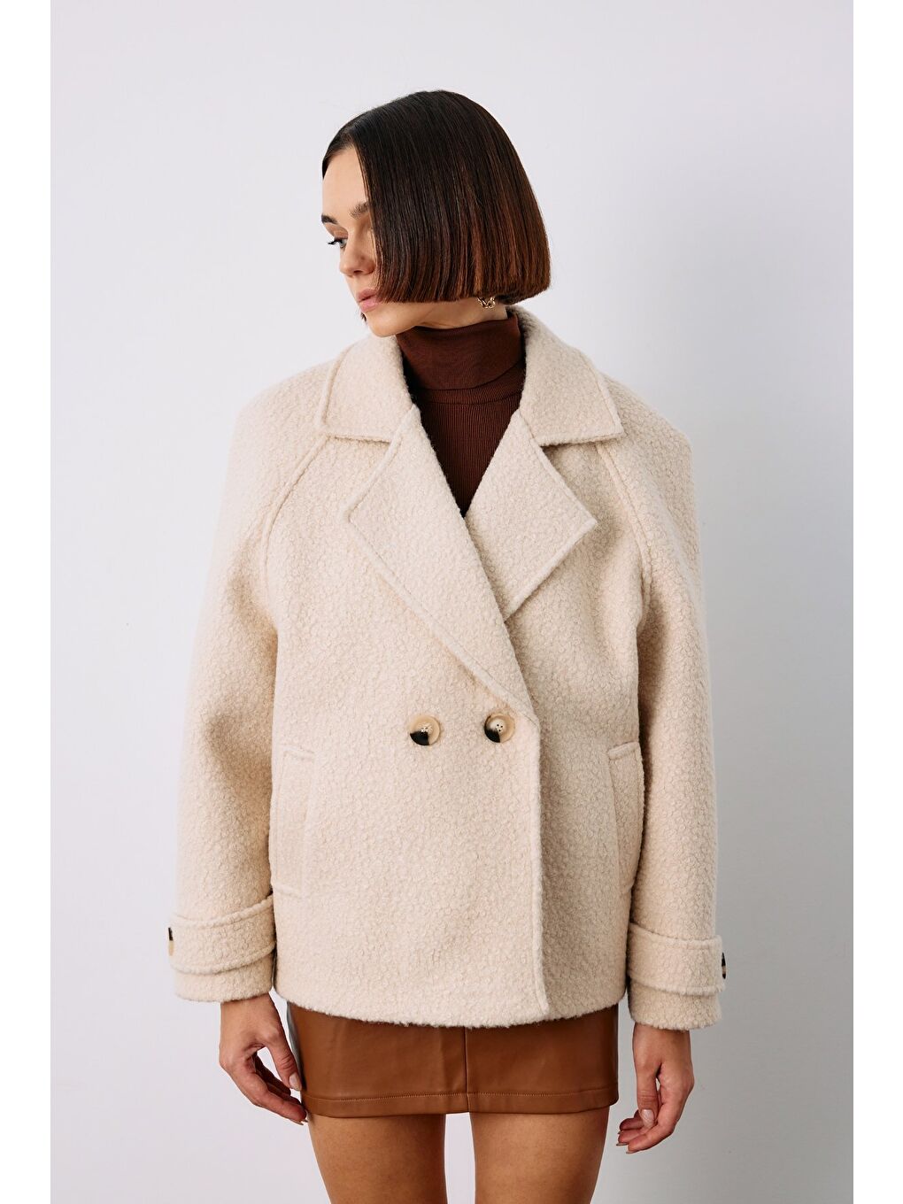 Bej Buklet Kısa Kaban - Taş-5