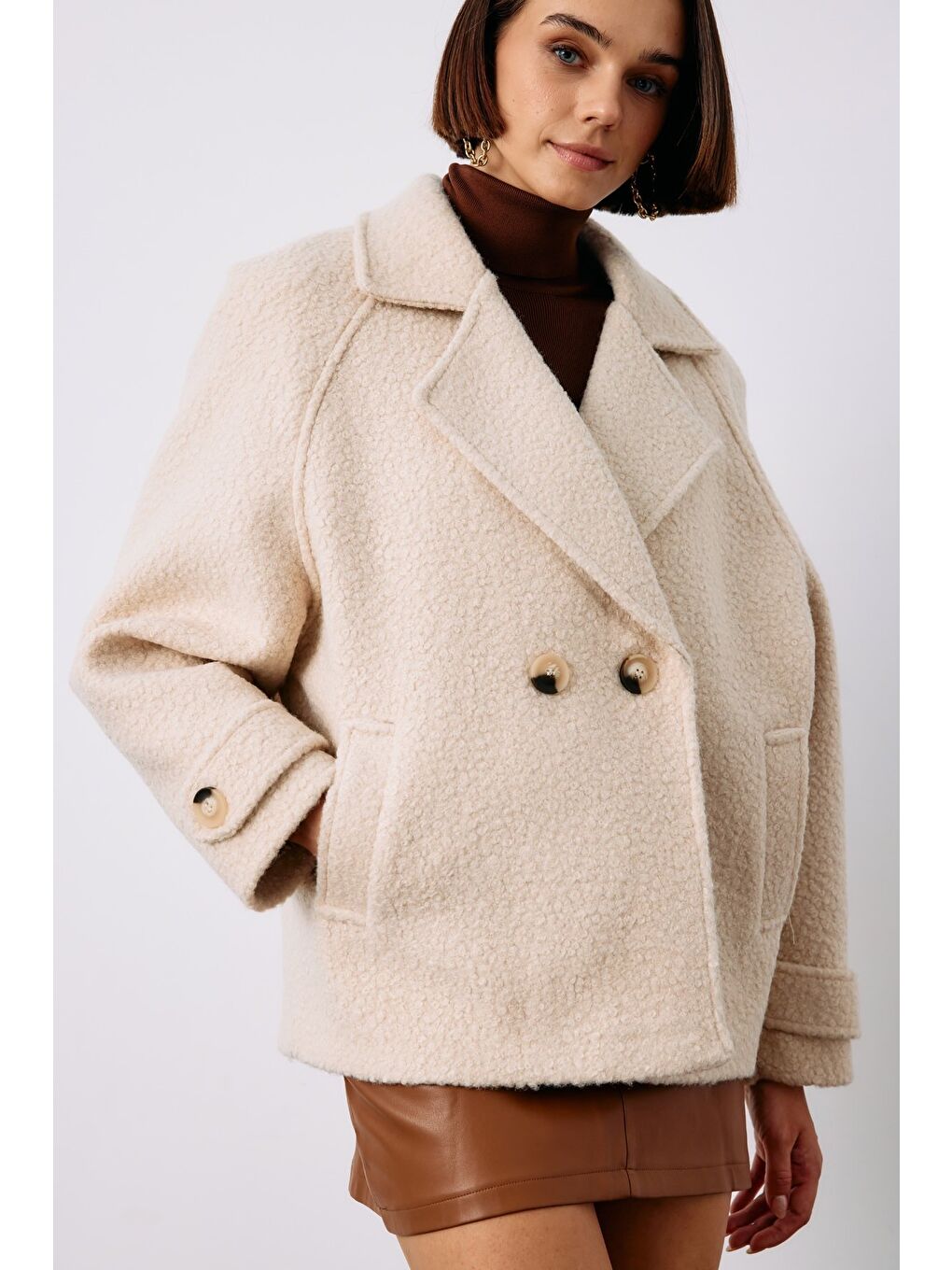 Bej Buklet Kısa Kaban - Taş-6