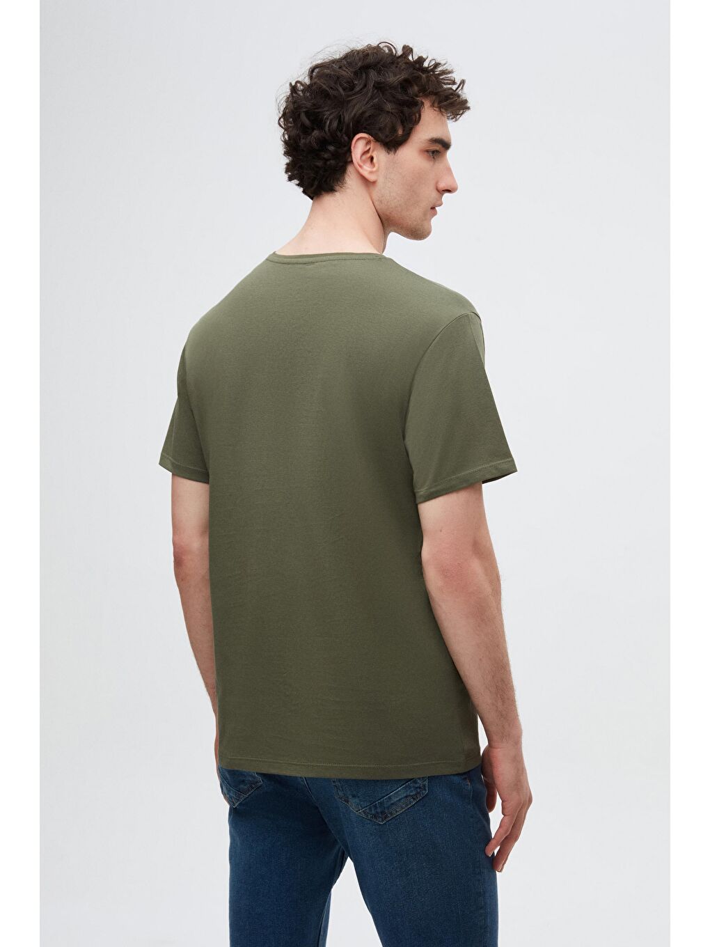 Slim Fit Haki V Yaka %100 Pamuk Tişört-3