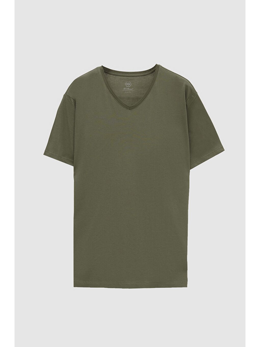 Slim Fit Haki V Yaka %100 Pamuk Tişört-4