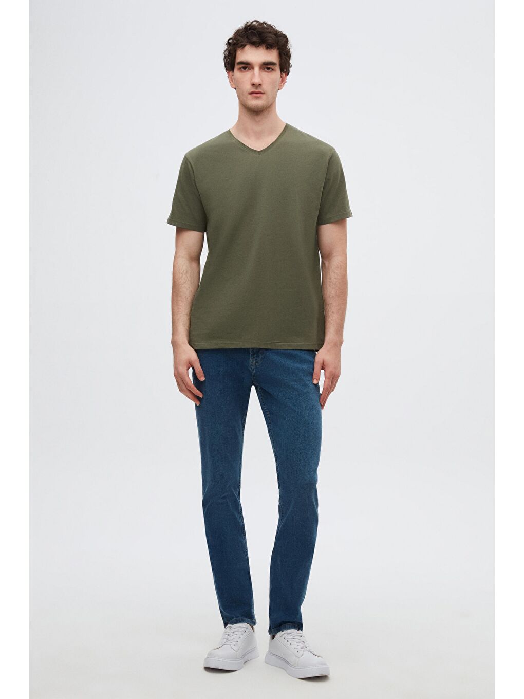 Slim Fit Haki V Yaka %100 Pamuk Tişört-5