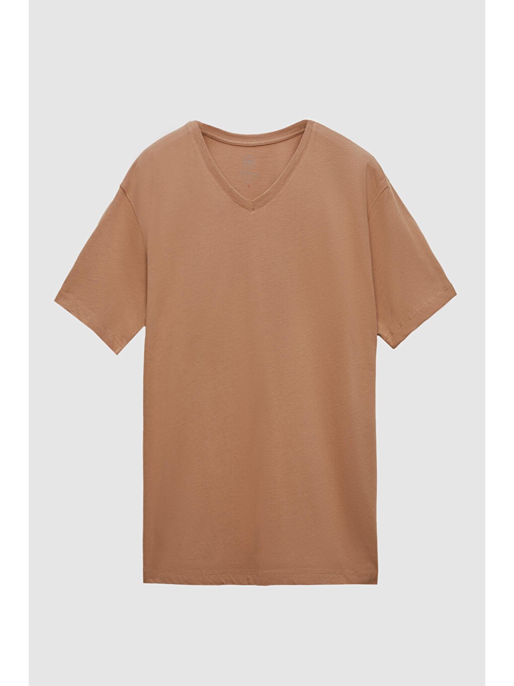 Bej Slim Fit Vizon V Yaka %100 Pamuk Tişört-4