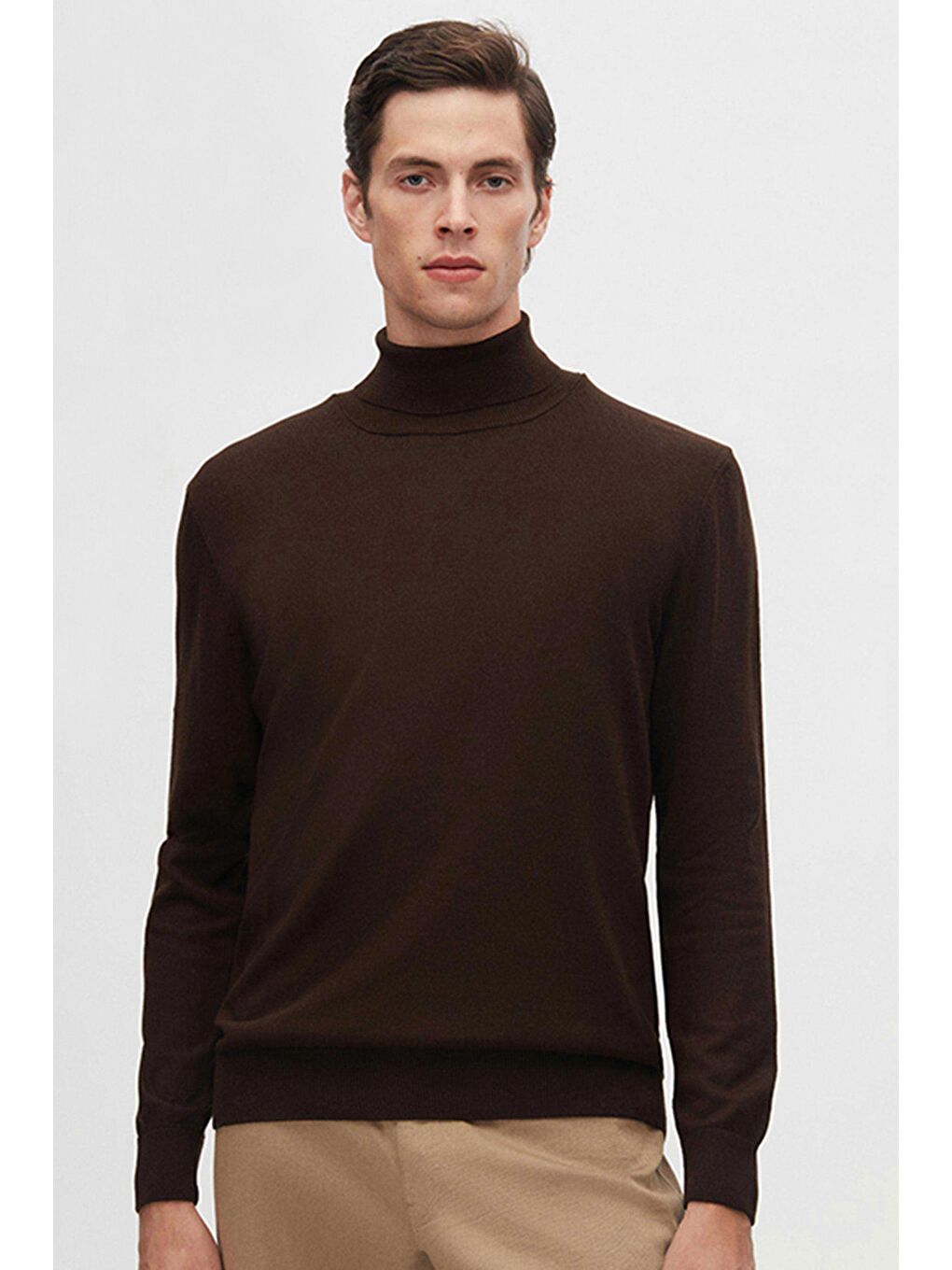 Regular Fit Kahverengi Pamuk Karışımlı Balıkçı Yaka Triko Kazak