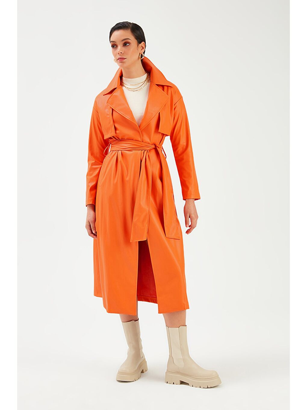 Turuncu Kuşaklı Uzun Deri Trenç - Oranj