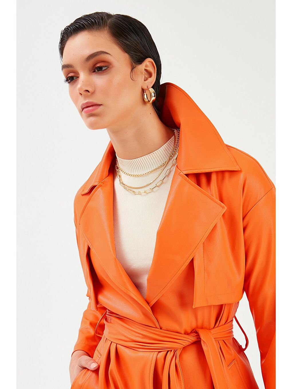 Turuncu Kuşaklı Uzun Deri Trenç - Oranj-1