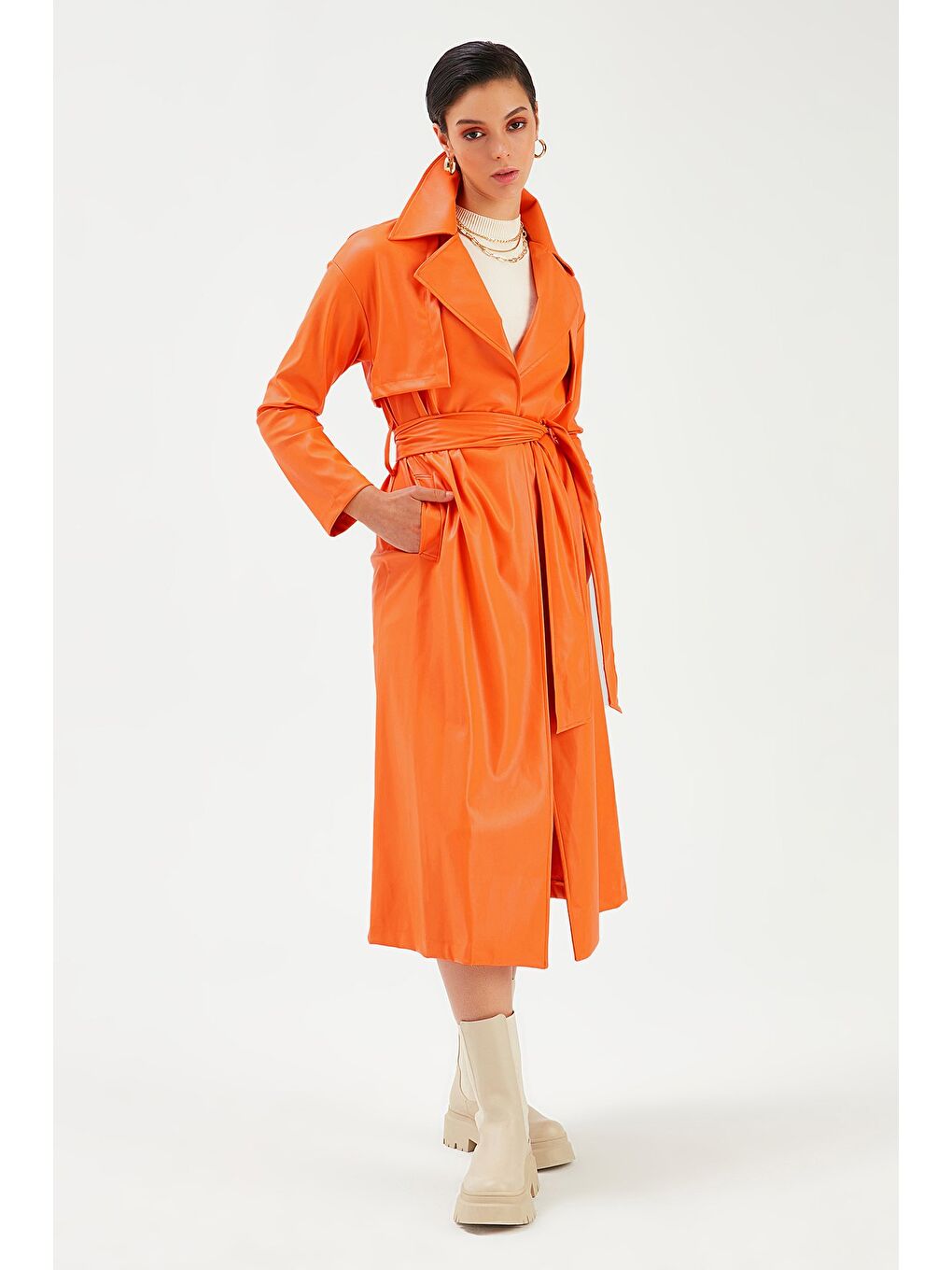 Turuncu Kuşaklı Uzun Deri Trenç - Oranj-2