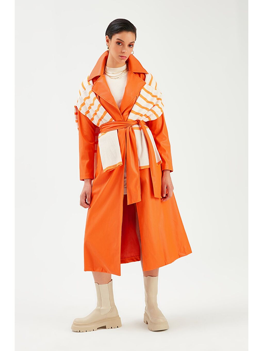 Turuncu Kuşaklı Uzun Deri Trenç - Oranj-3