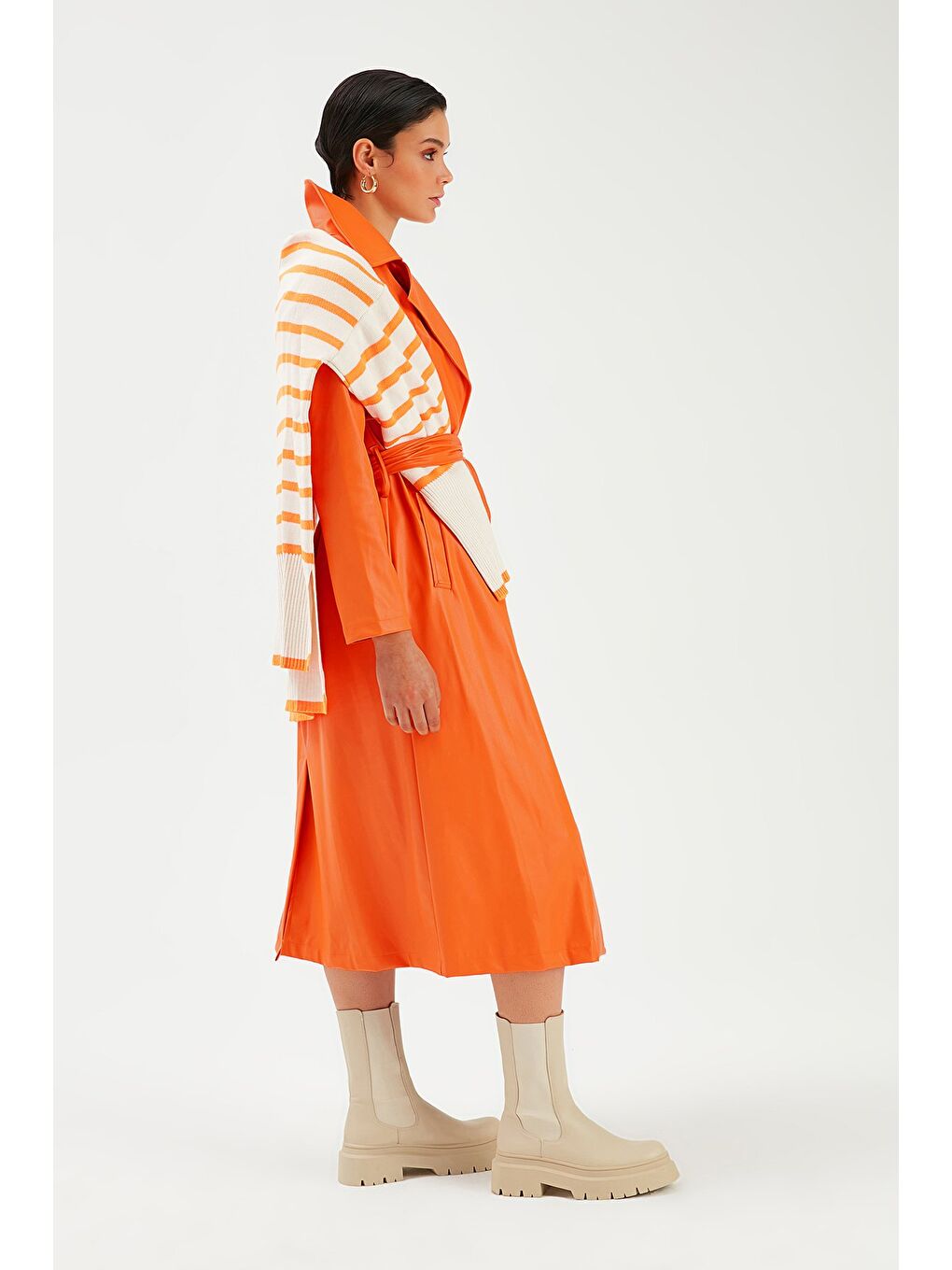 Turuncu Kuşaklı Uzun Deri Trenç - Oranj-4