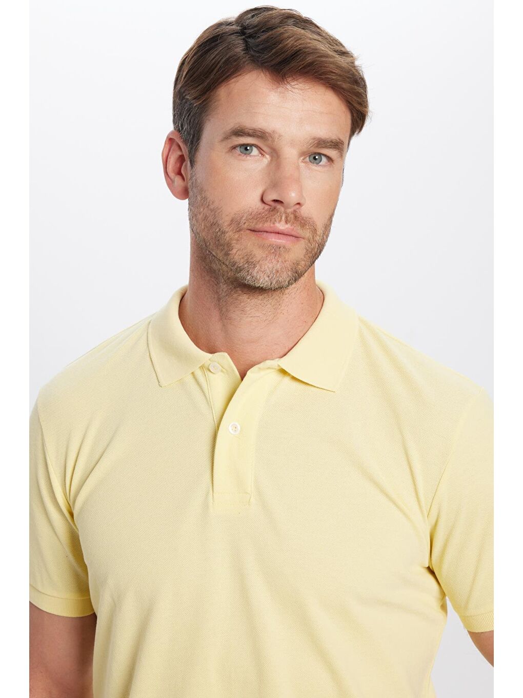 Erkek Slim Fit Dar Kesim Pamuklu Yumuşak Doku Nefes Alan Kumaş Kıvrılmaz Yaka Sarı Polo Yaka Tişört-3