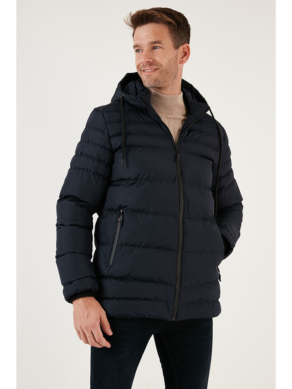 Lacivert Su İtici Slim Fit Soğuğa ve Rüzgara Dayanıklı Kapüşonlu Şişme Erkek Mont 649005-6