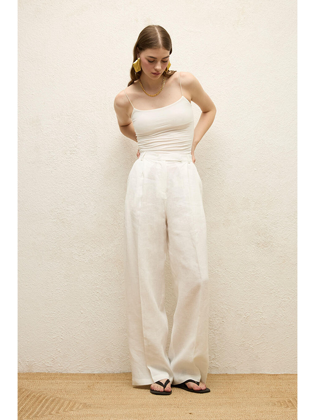 Keten Palazzo Pantolon Ekru-4