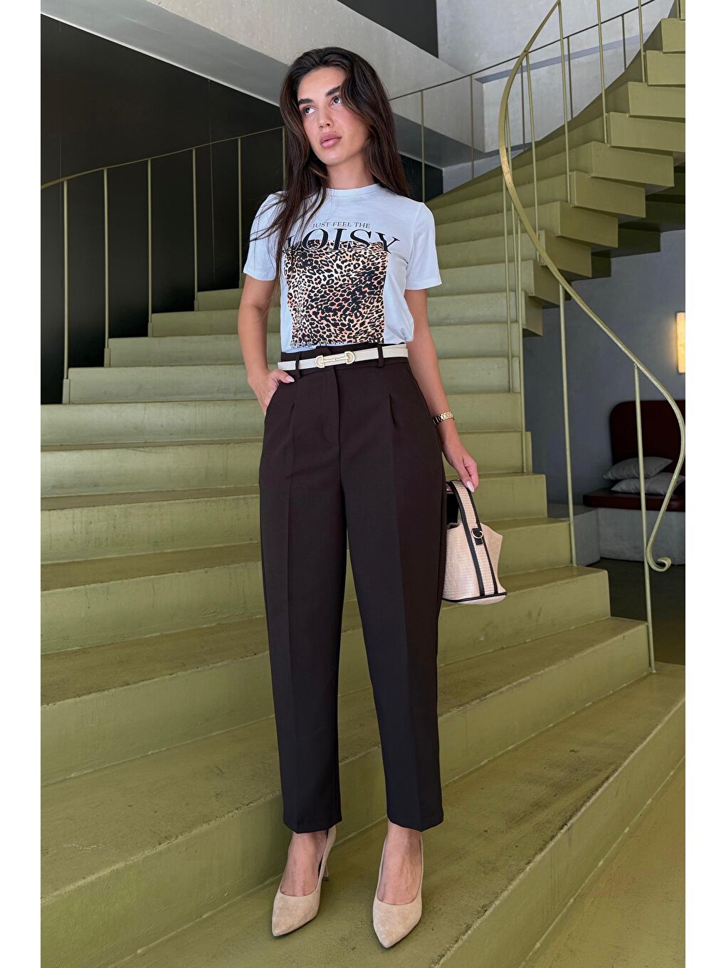 Kahverengi Yüksek Bel Pileli Kadın Kumaş Pantolon Mg2507-1