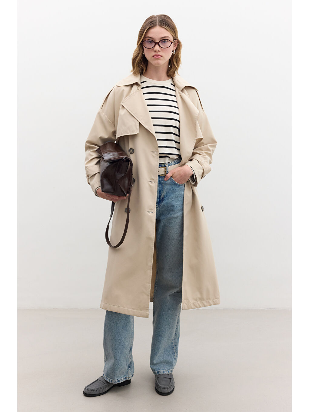 Bej Düğmeli Kruvaze Trençkot Kum