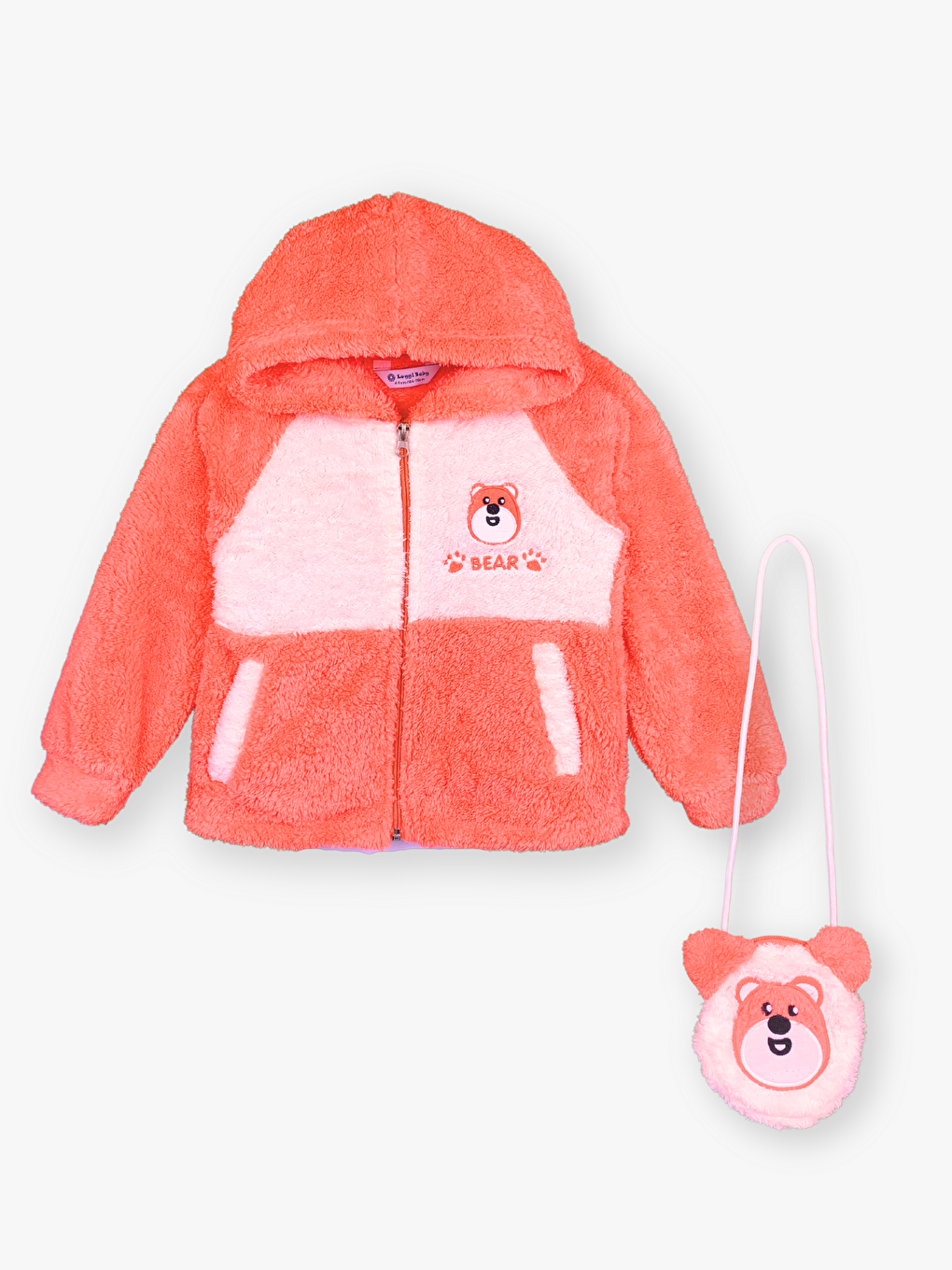 Turuncu Kapüşonlu Uzun Kollu Pelüş Kız Bebek Fermuarlı Sweatshirt ve Çanta