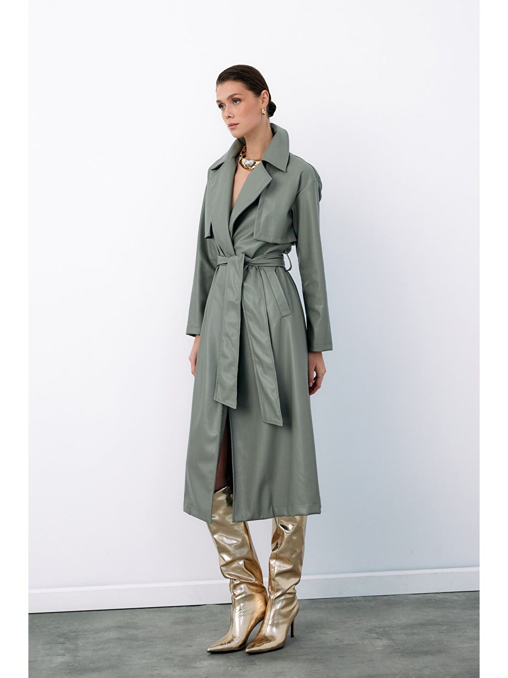 Kuşaklı Uzun Deri Trenç - Çağla Yeşili-5