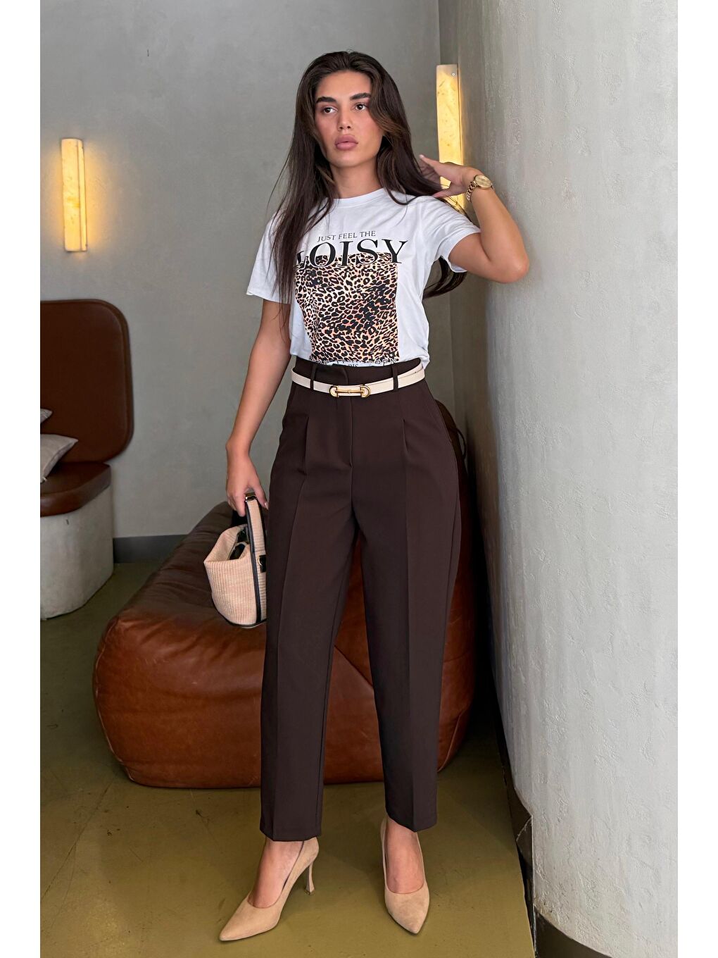 Kahverengi Yüksek Bel Pileli Kadın Kumaş Pantolon Mg2507-3