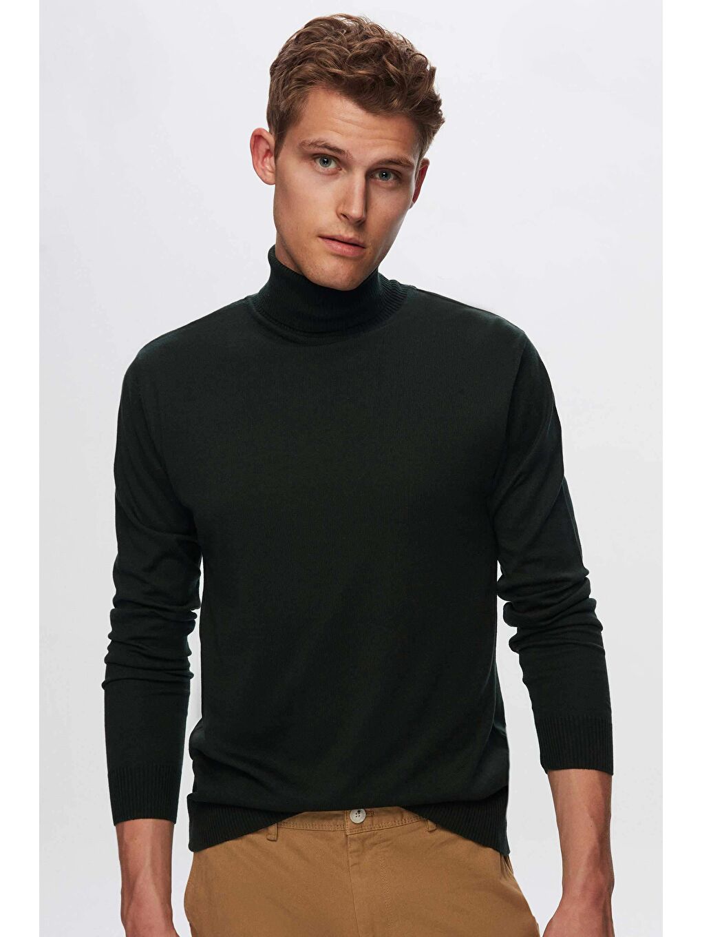 Regular Fit Haki Pamuk Karışımlı Balıkçı Yaka Triko Kazak