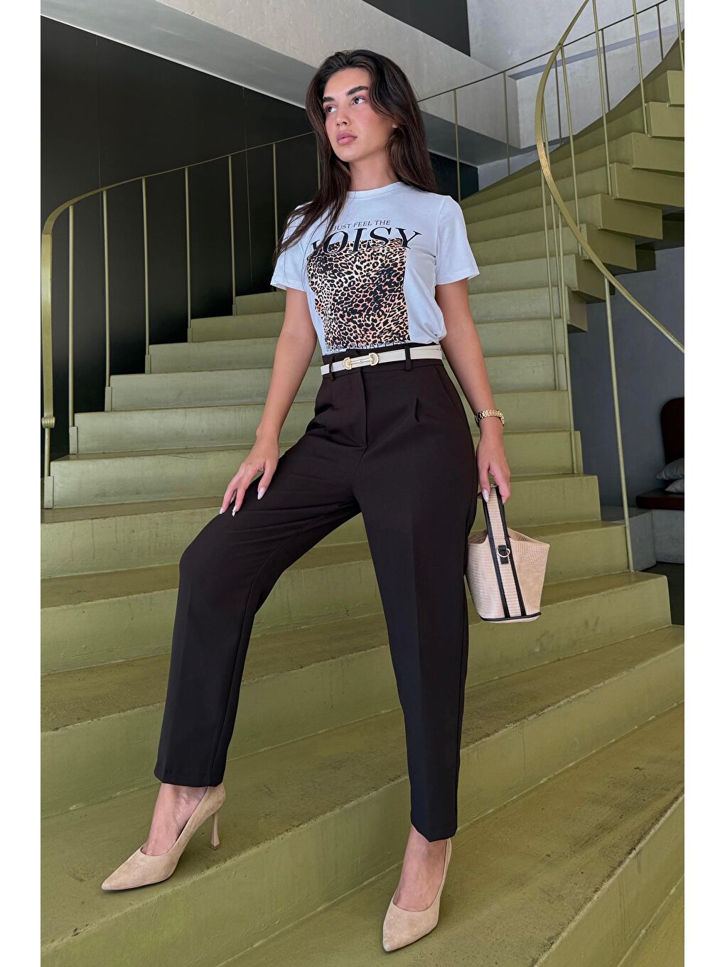 Kahverengi Yüksek Bel Pileli Kadın Kumaş Pantolon Mg2507-4