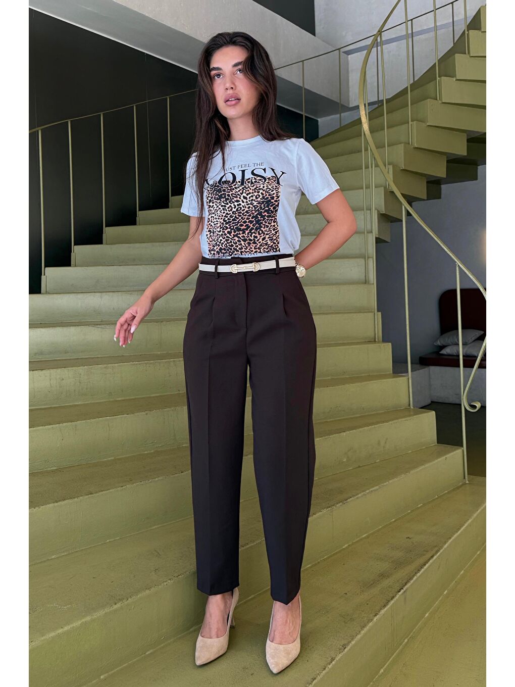 Kahverengi Yüksek Bel Pileli Kadın Kumaş Pantolon Mg2507-5