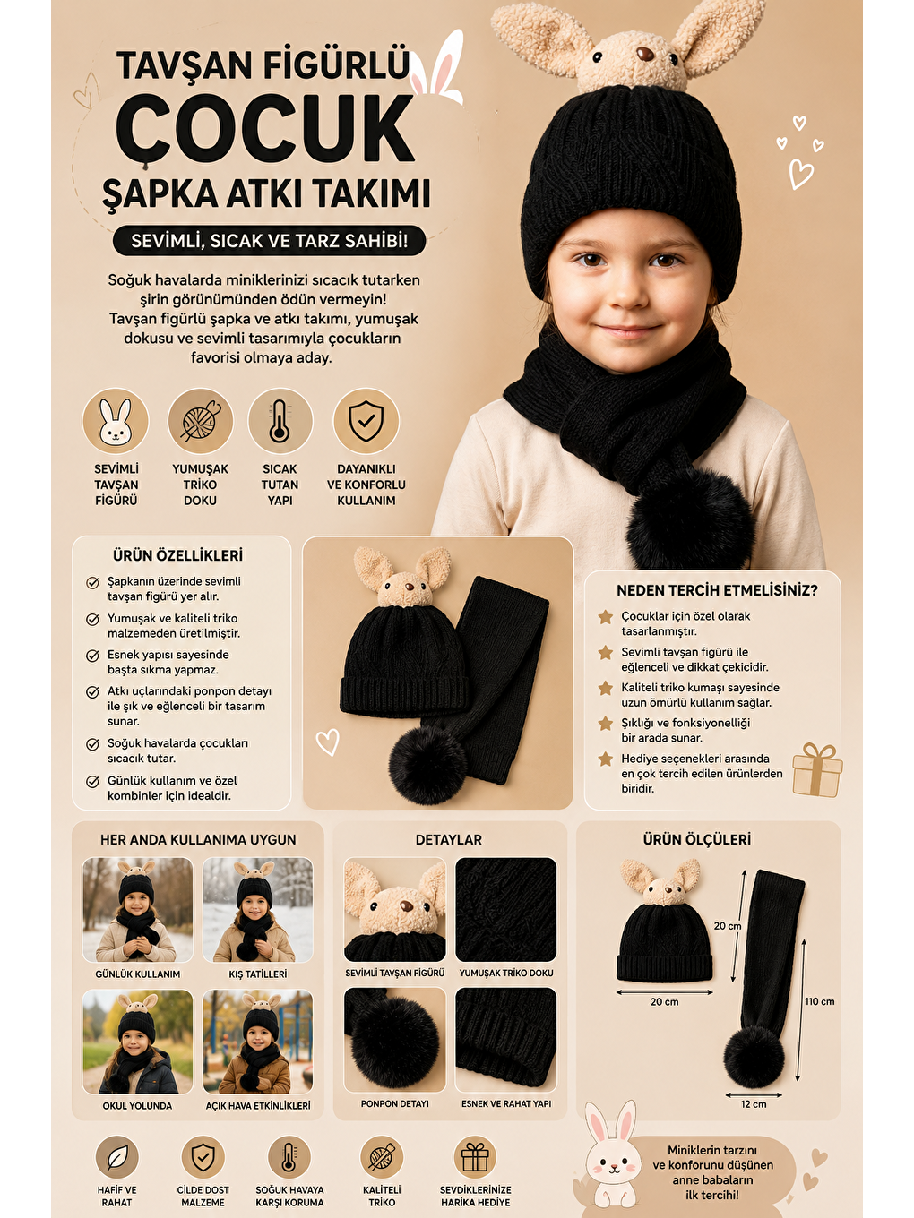 Tavşan Figürlü Siyah Çocuk Şapka Atkı Takımı-2