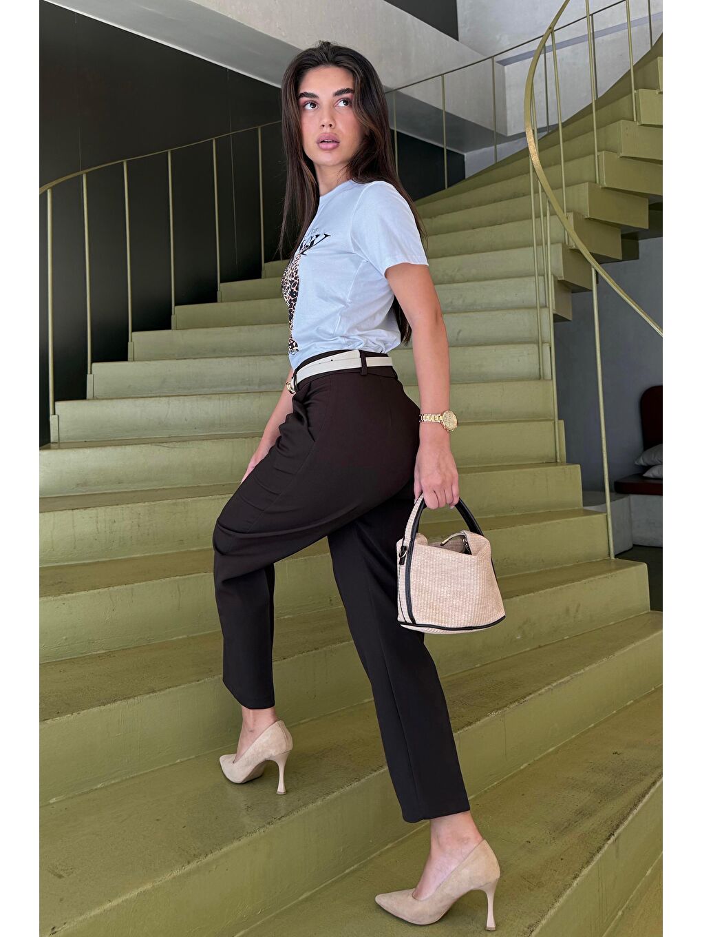 Kahverengi Yüksek Bel Pileli Kadın Kumaş Pantolon Mg2507-6