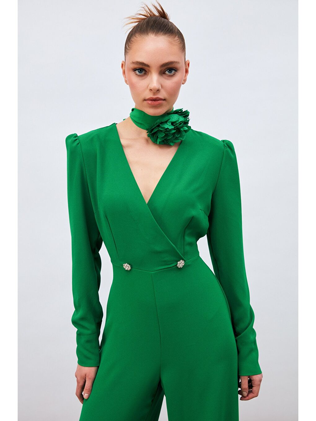 Kruvaze Süs Taşlı Krep Tulum - Yeşil-1