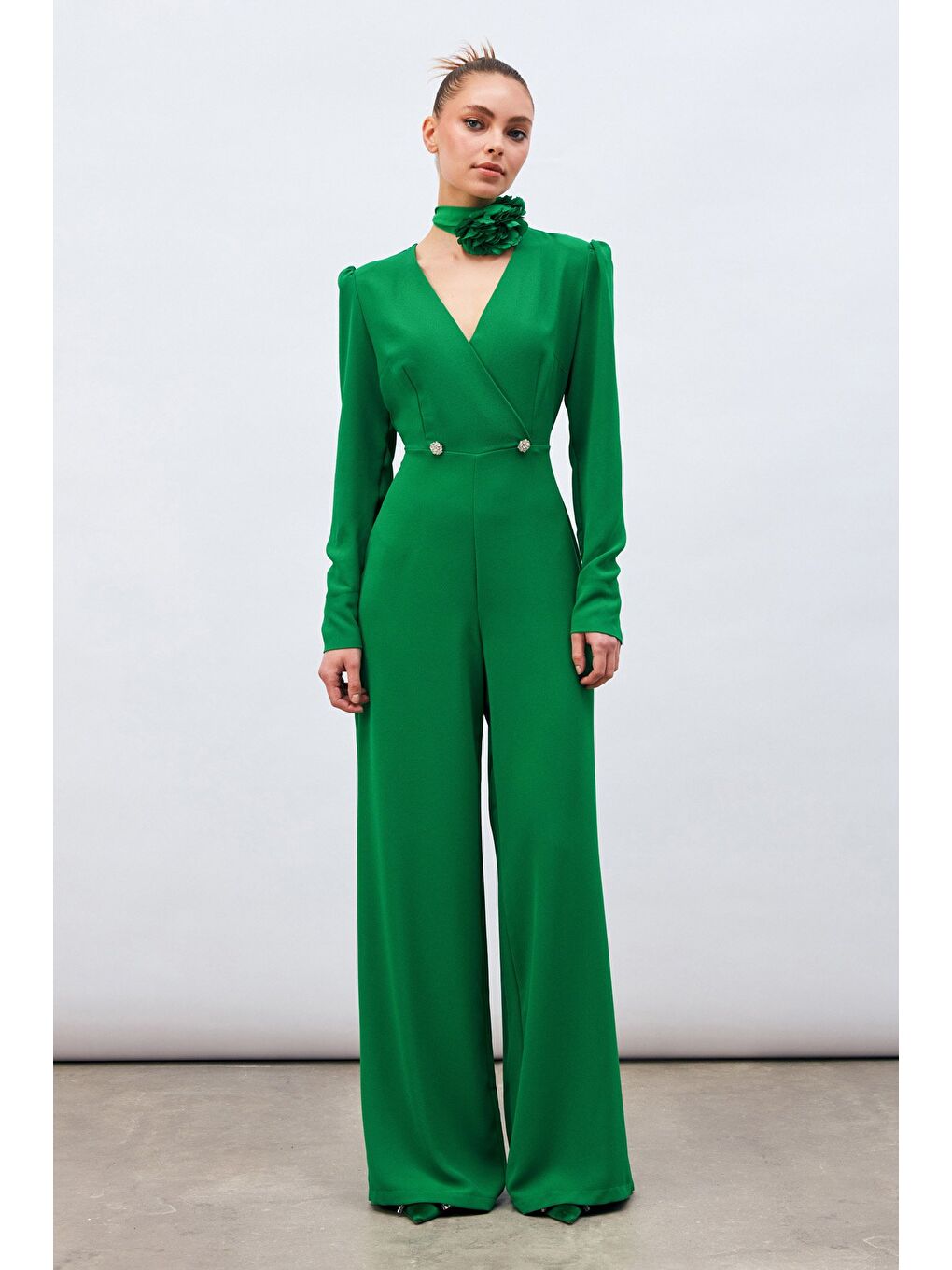 Kruvaze Süs Taşlı Krep Tulum - Yeşil-2