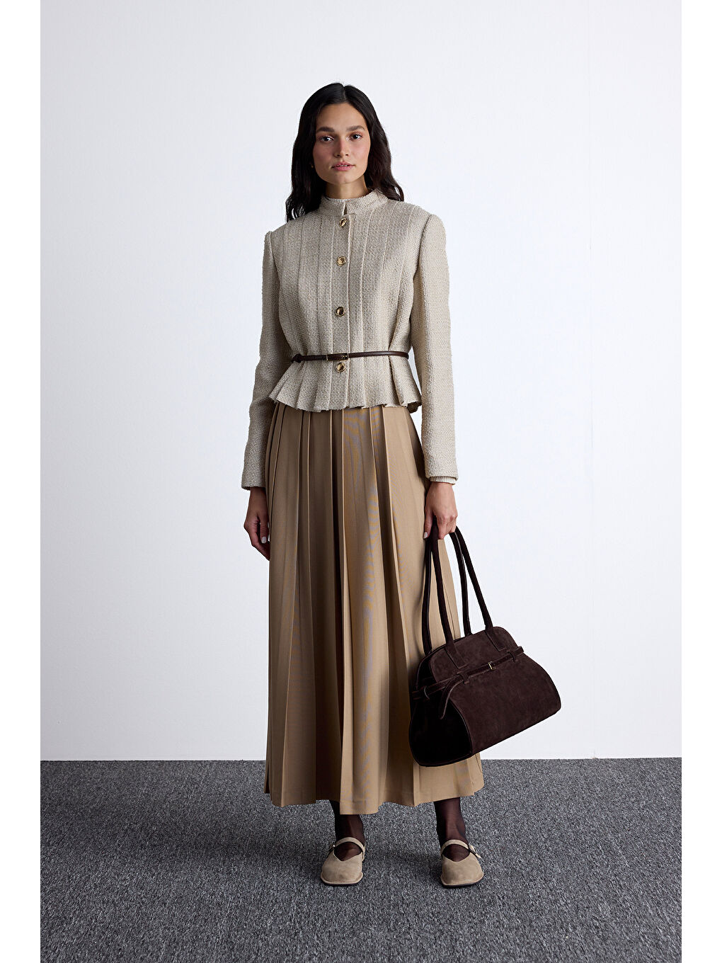 Kahverengi Geniş Pileli Etek Camel