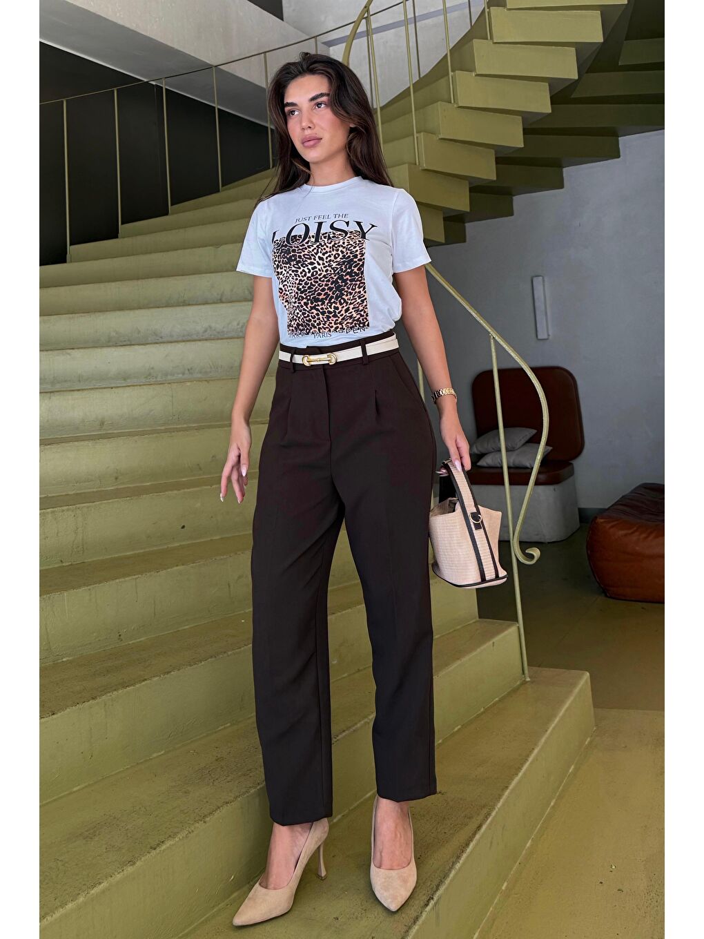 Kahverengi Yüksek Bel Pileli Kadın Kumaş Pantolon Mg2507-7