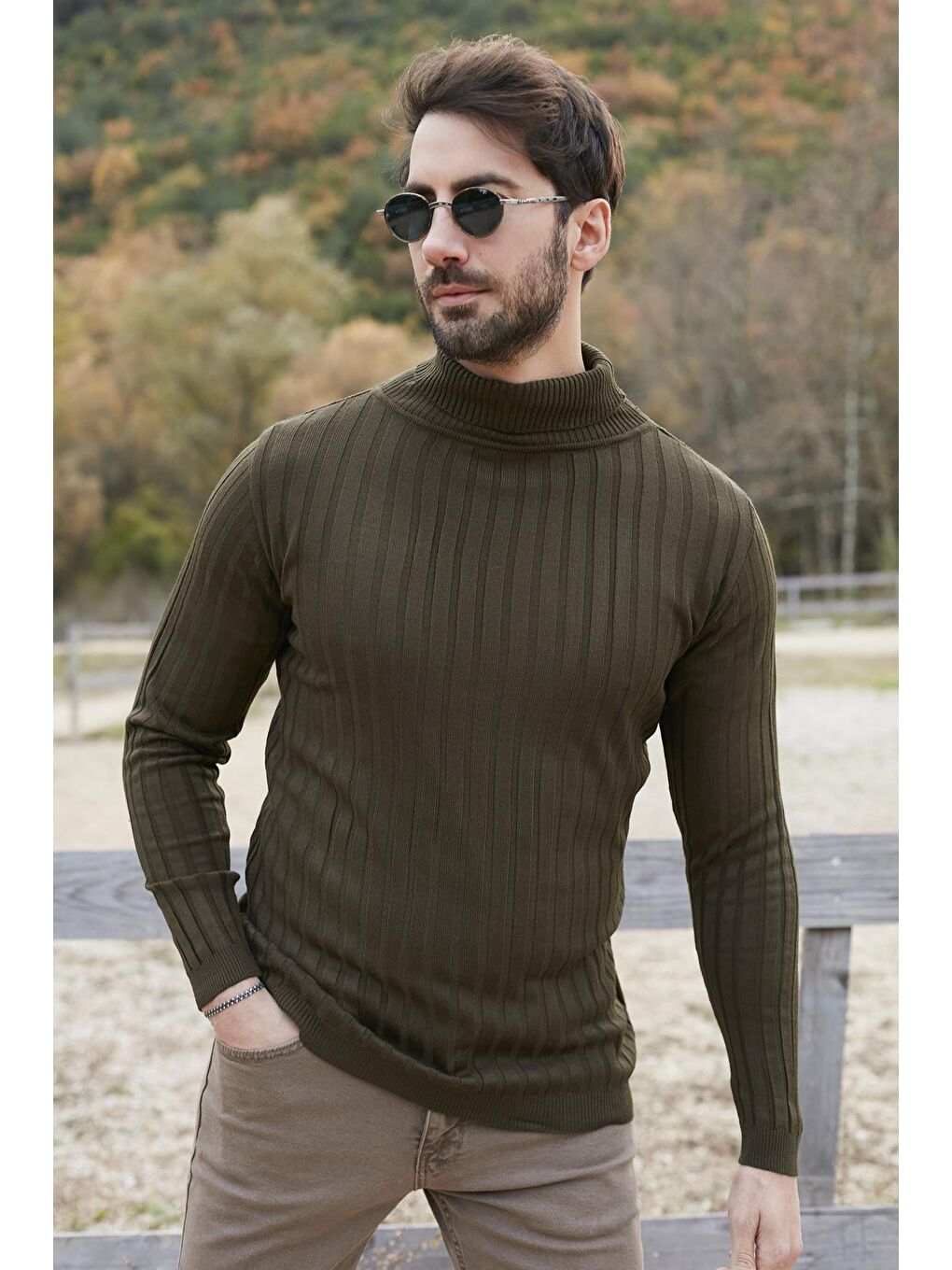 Haki Fitilli Balıkçı Yaka Slim Fit Kazak 549T014