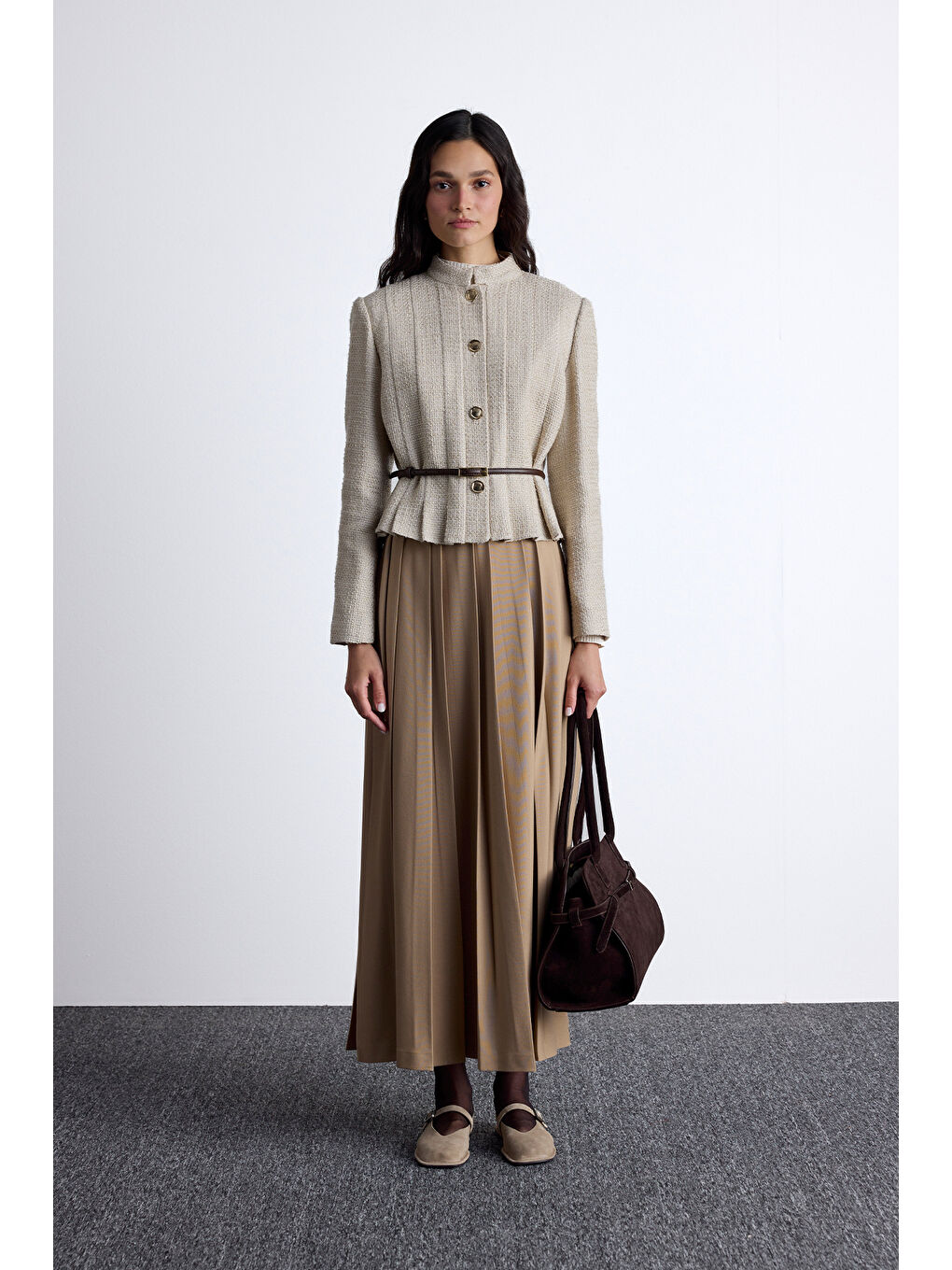 Kahverengi Geniş Pileli Etek Camel-1