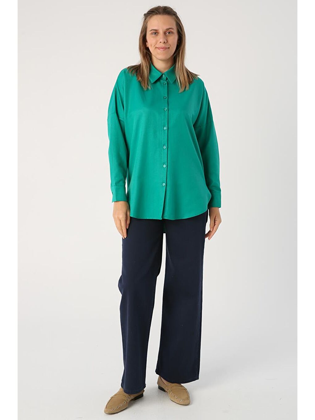 Zümrüt Yeşili Oversize Basic Gömlek-3