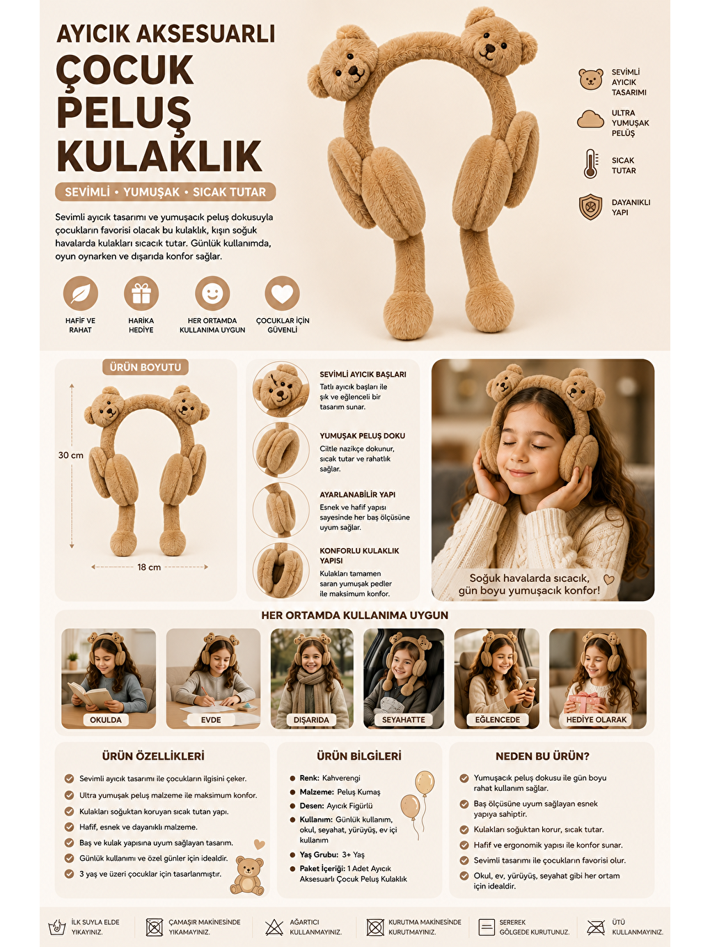 Ayıcık Aksesuarlı Çocuk Pelüş Kulaklık Kahverengi-1