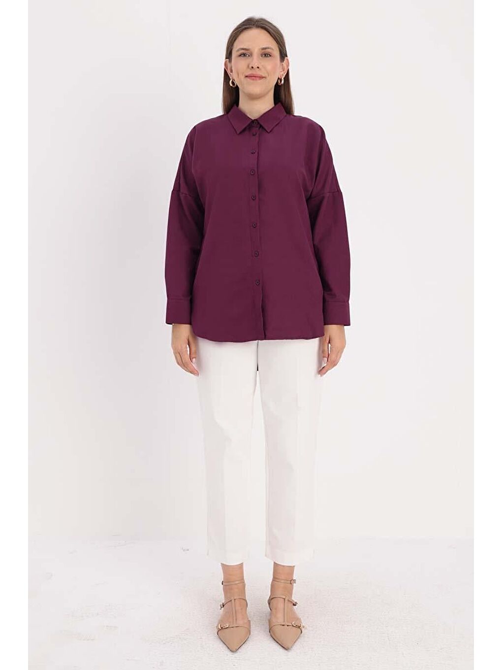 Mürdüm Oversize Basic Gömlek-1