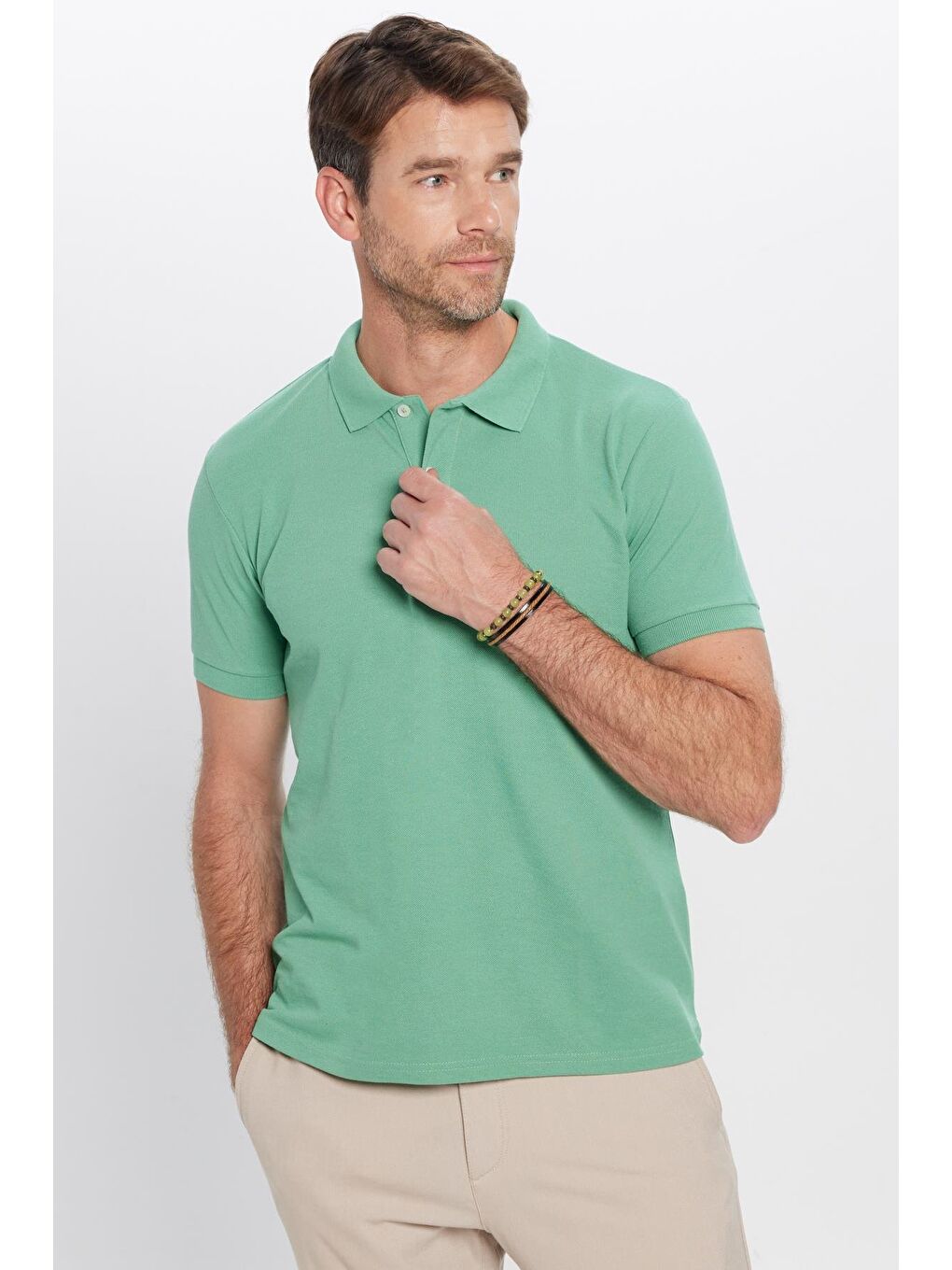 TUDORS Yeşil Erkek Slim Fit Dar Kesim Pamuklu Yumuşak Dokulu Serin Tutan Kumaş Düz Pike Polo Yaka Tişört