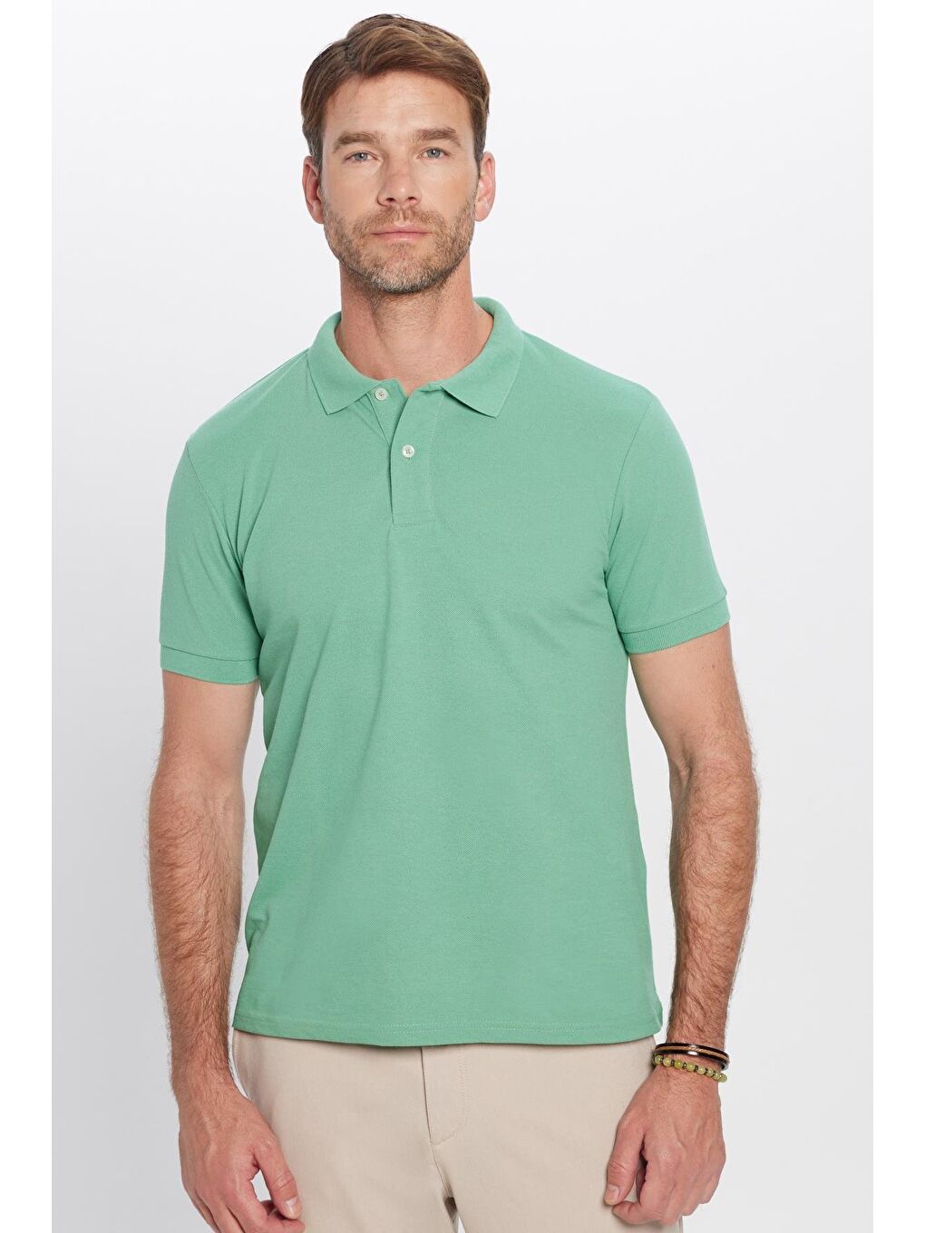 TUDORS Yeşil Erkek Slim Fit Dar Kesim Pamuklu Yumuşak Dokulu Serin Tutan Kumaş Düz Pike Polo Yaka Tişört - 1