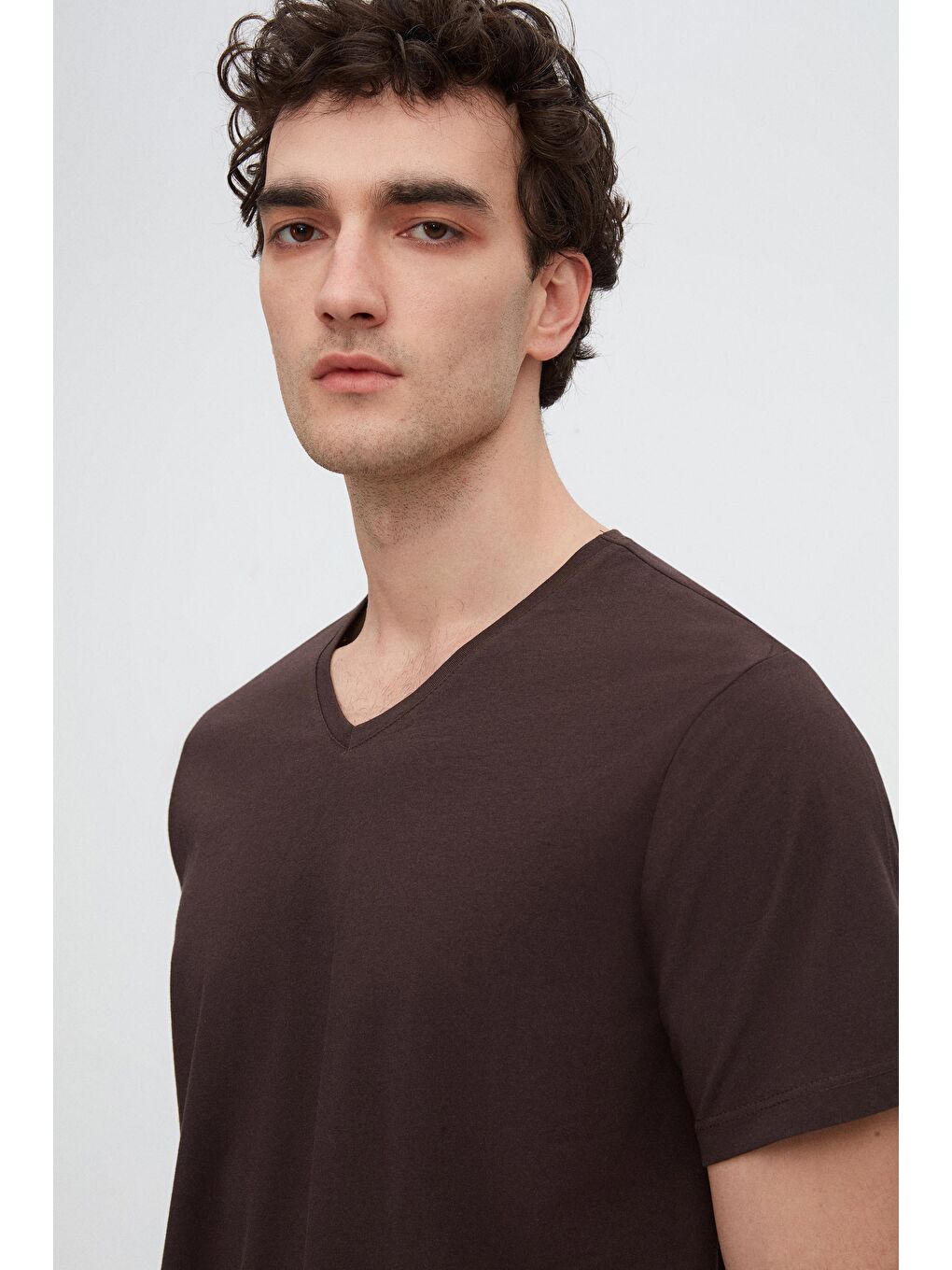 Slim Fit Kahverengi V Yaka %100 Pamuk Tişört-2