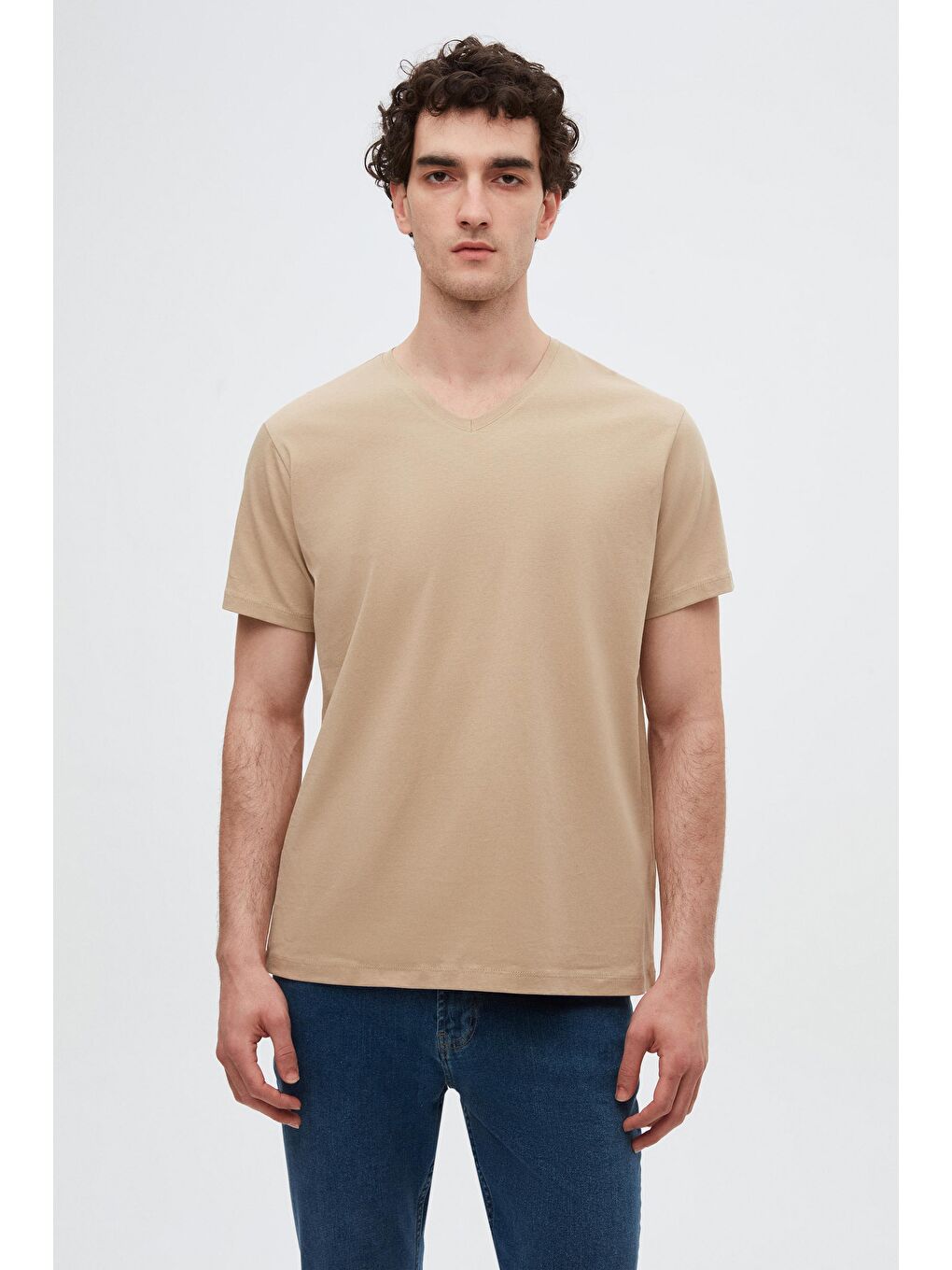 Slim Fit Bej V Yaka %100 Pamuk Tişört