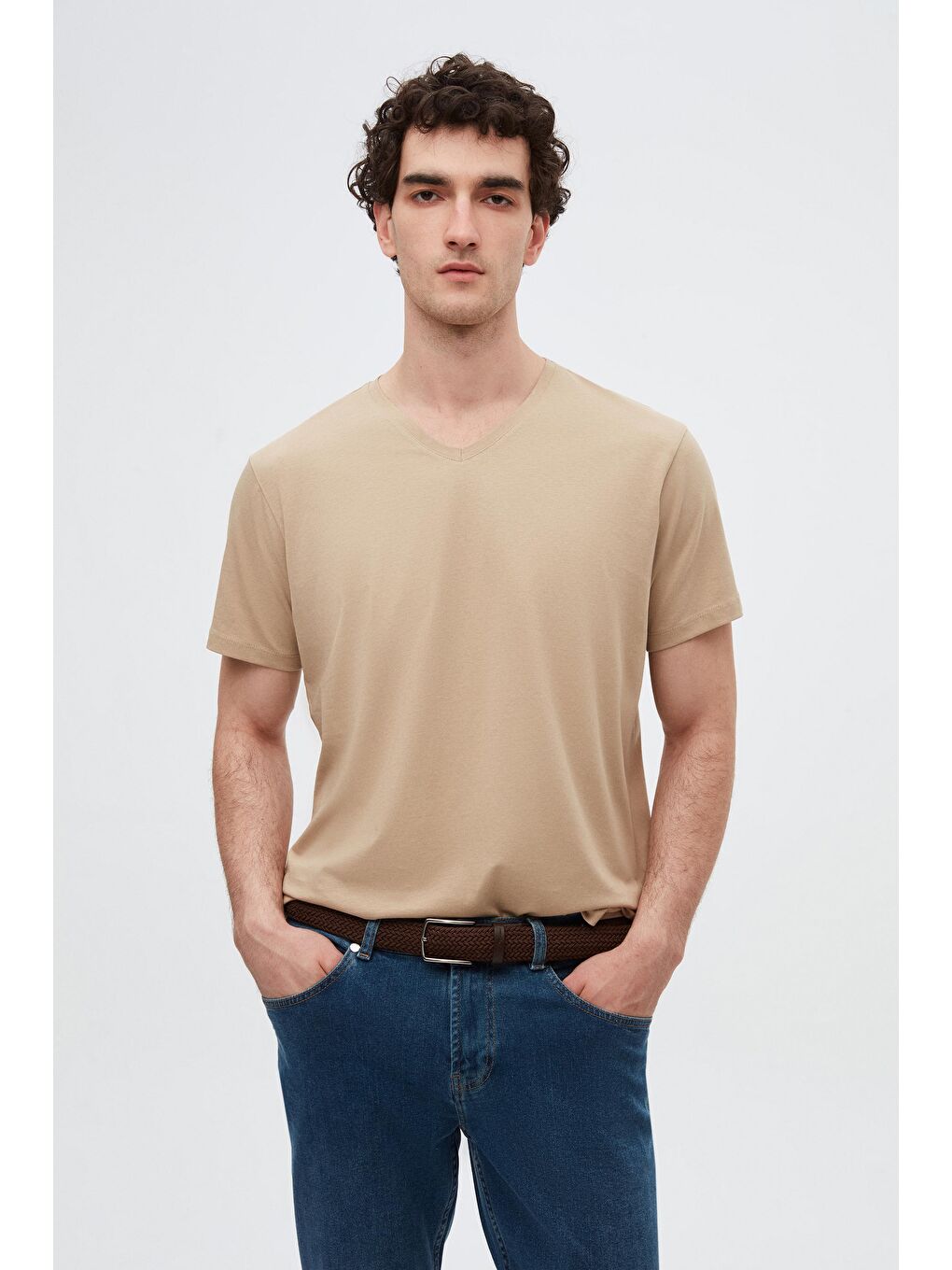 Slim Fit Bej V Yaka %100 Pamuk Tişört-1