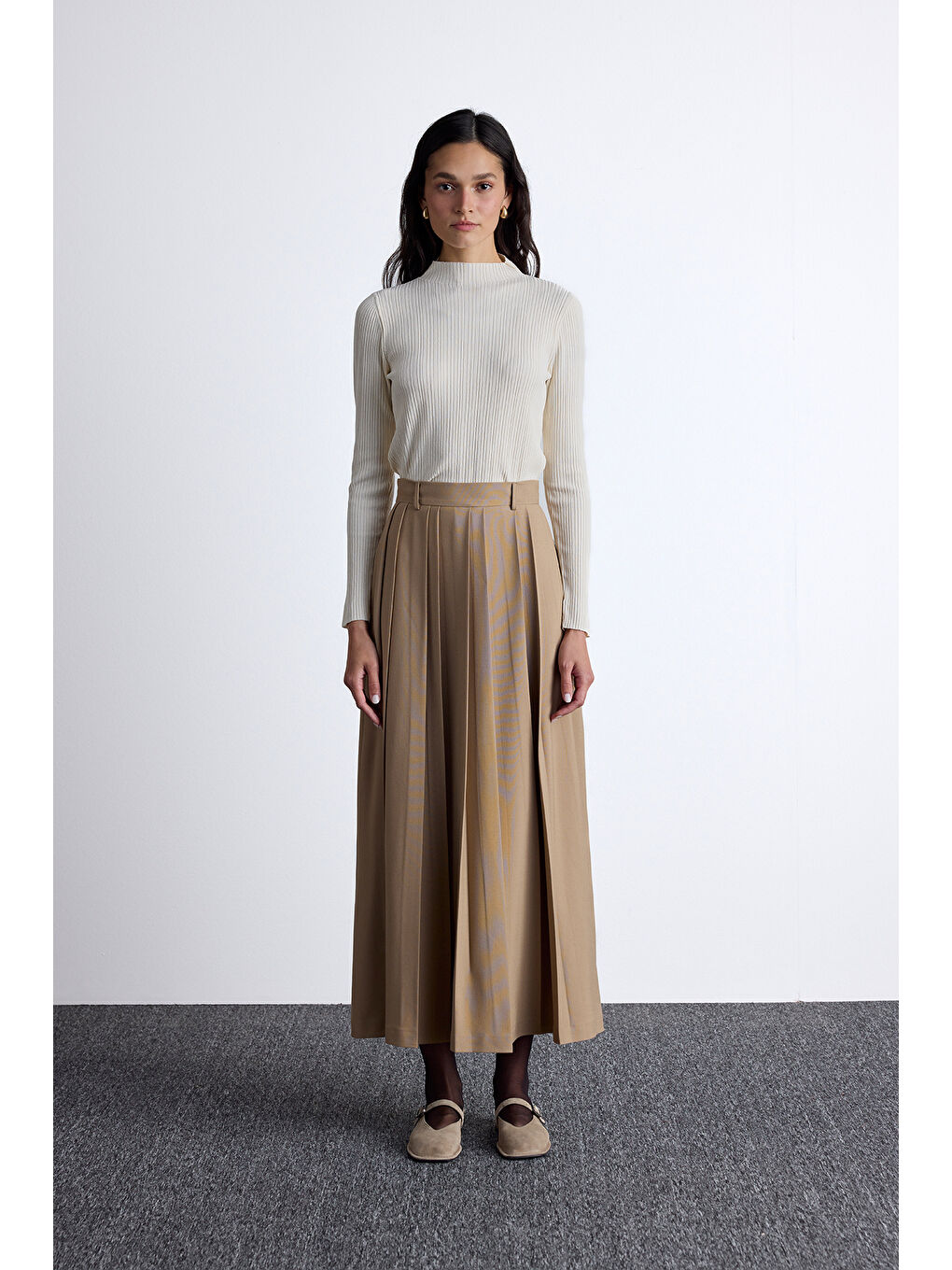 Kahverengi Geniş Pileli Etek Camel-5